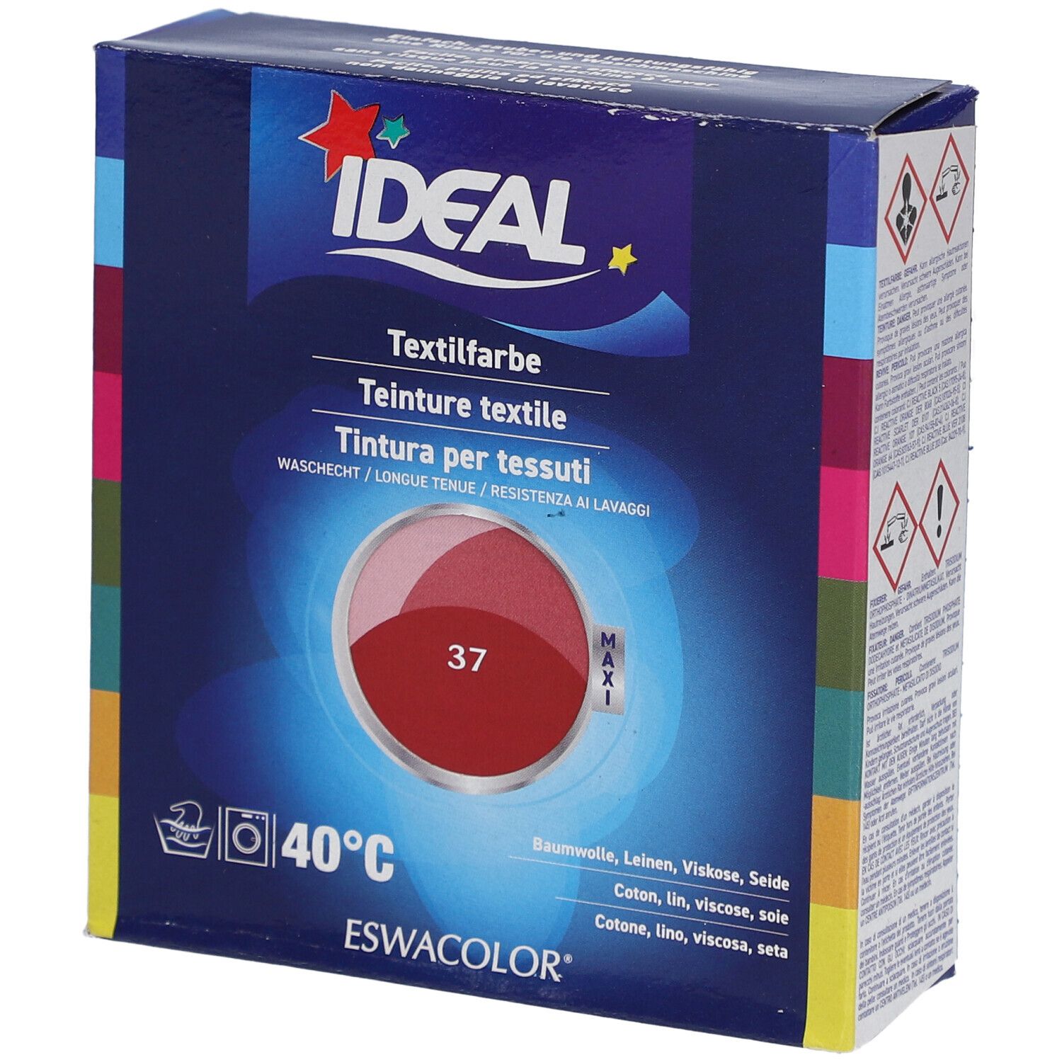 Ideal Textilfarbe, Hermesrot 37, in Kartonverpackung. Waschbar bei 40°C. Für Baumwolle, Leinen, Viskose, Seide.