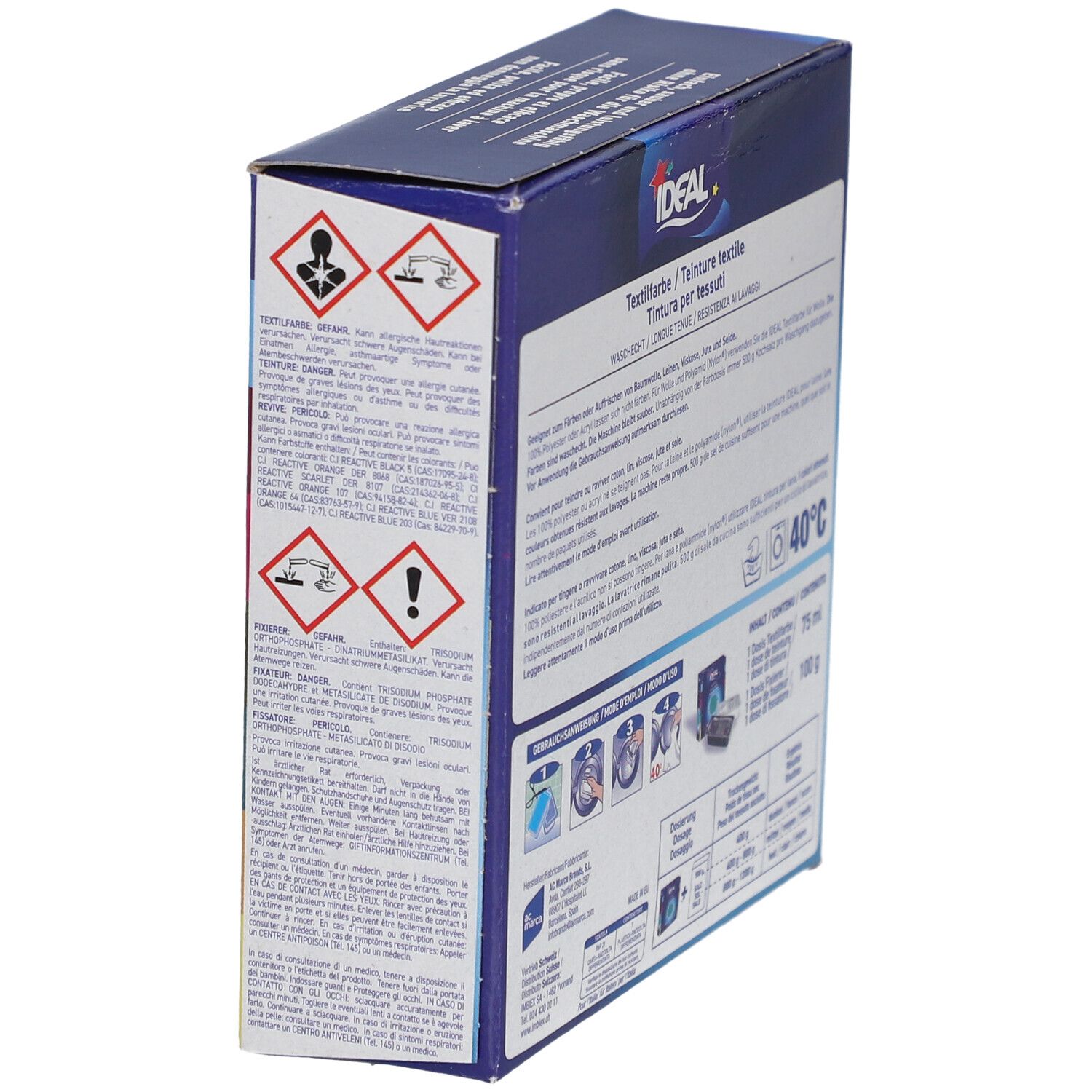 Rückseite der Ideal Textilfarbe-Verpackung mit Warnhinweisen und Gebrauchsanweisung. Waschbar bei 40°C.