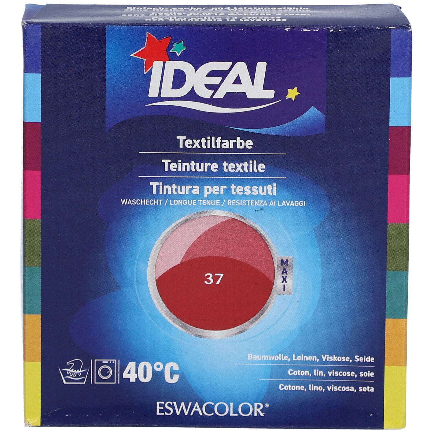Ideal Textilfarbe, Hermesrot 37, in Kartonverpackung. Waschbar bei 40°C. Für Baumwolle, Leinen, Viskose, Seide.