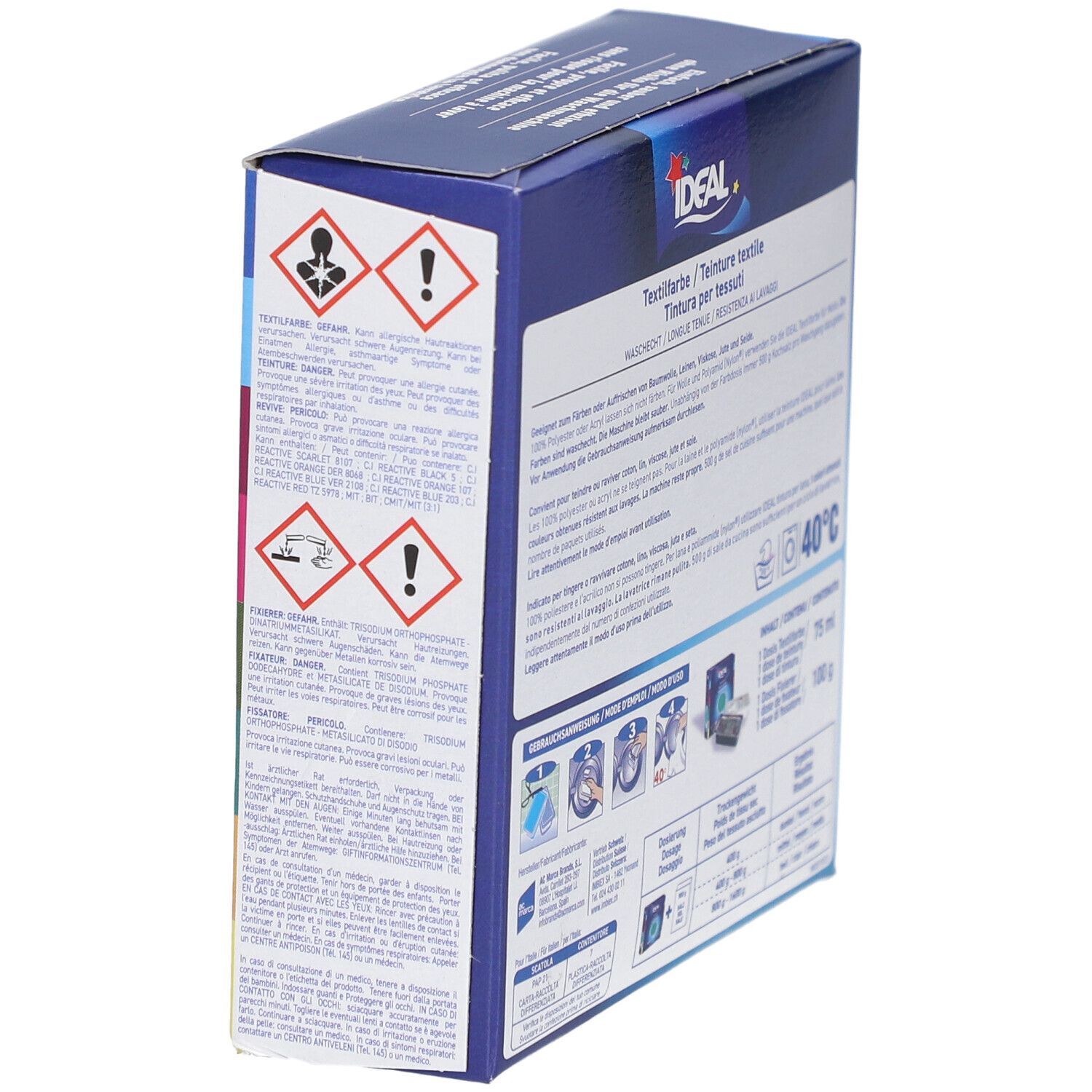 Textilfarbe-Box. IDEAL-Logo. Warnhinweise und Piktogramme. Waschbar bei 40°C. Für Baumwolle, Leinen, Viskose, Seide.