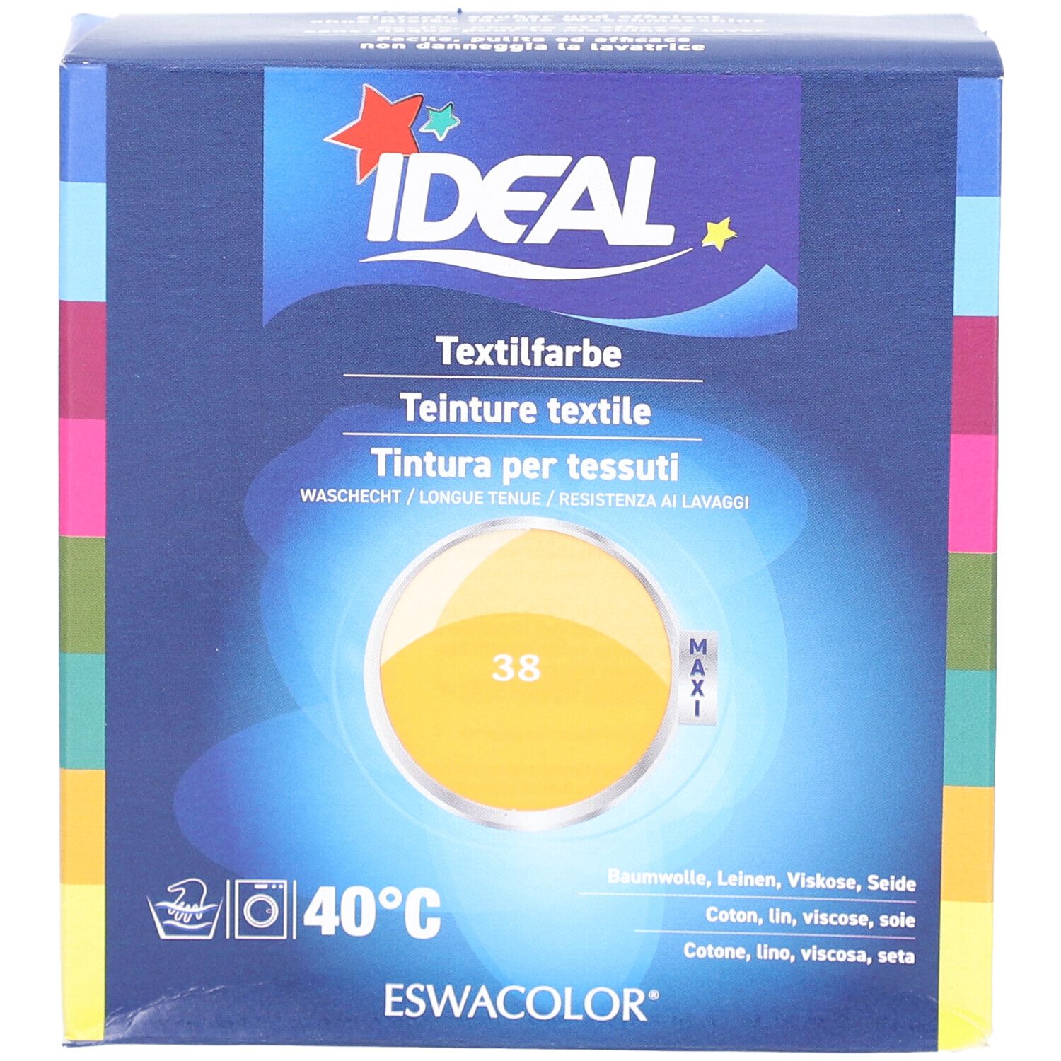Textilfarbe-Box. IDEAL-Logo. Farbton 38 mandarine. Waschbar bei 40°C. Für Baumwolle, Leinen, Viskose, Seide. ESWACOLOR.
