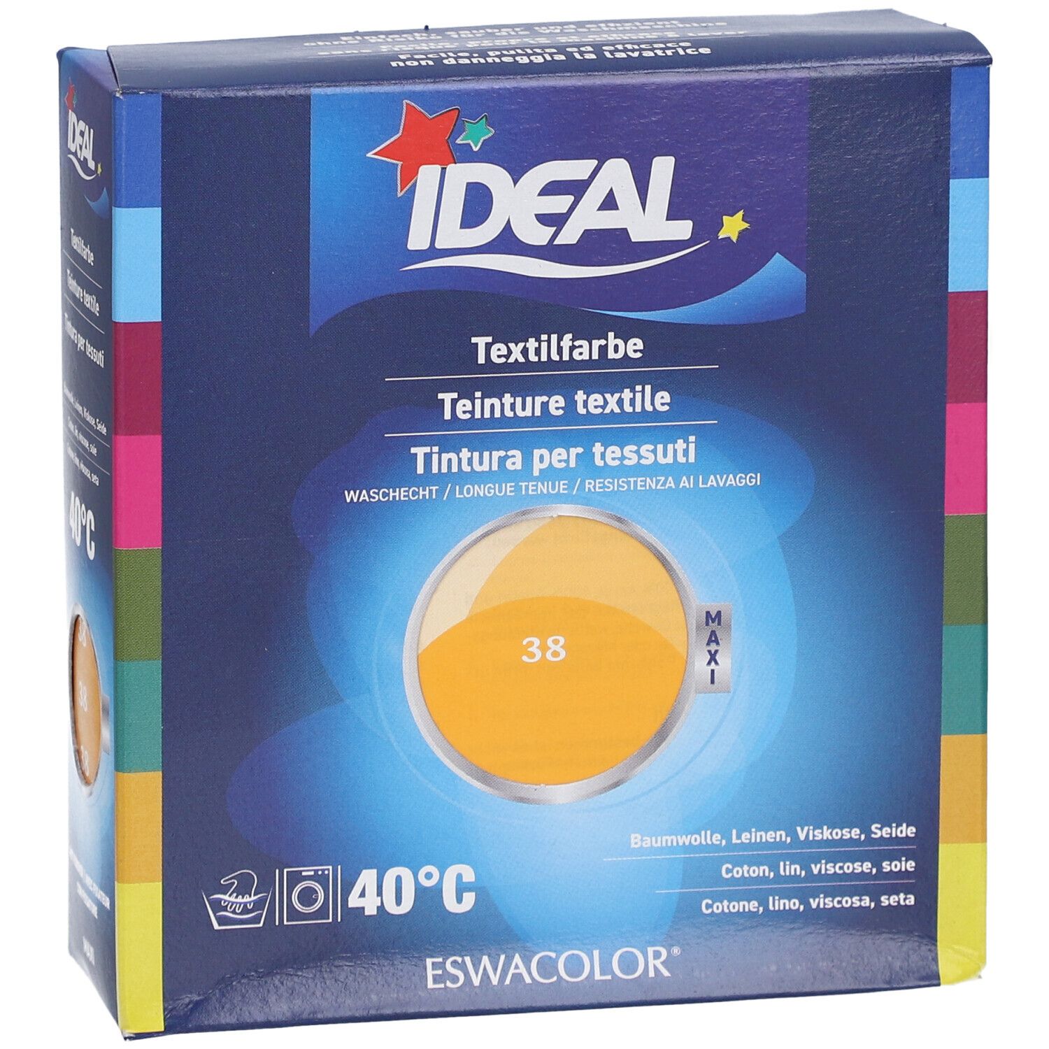 Textilfarbe-Box. IDEAL-Logo. Farbton 38 mandarine. Waschbar bei 40°C. Für Baumwolle, Leinen, Viskose, Seide. ESWACOLOR.