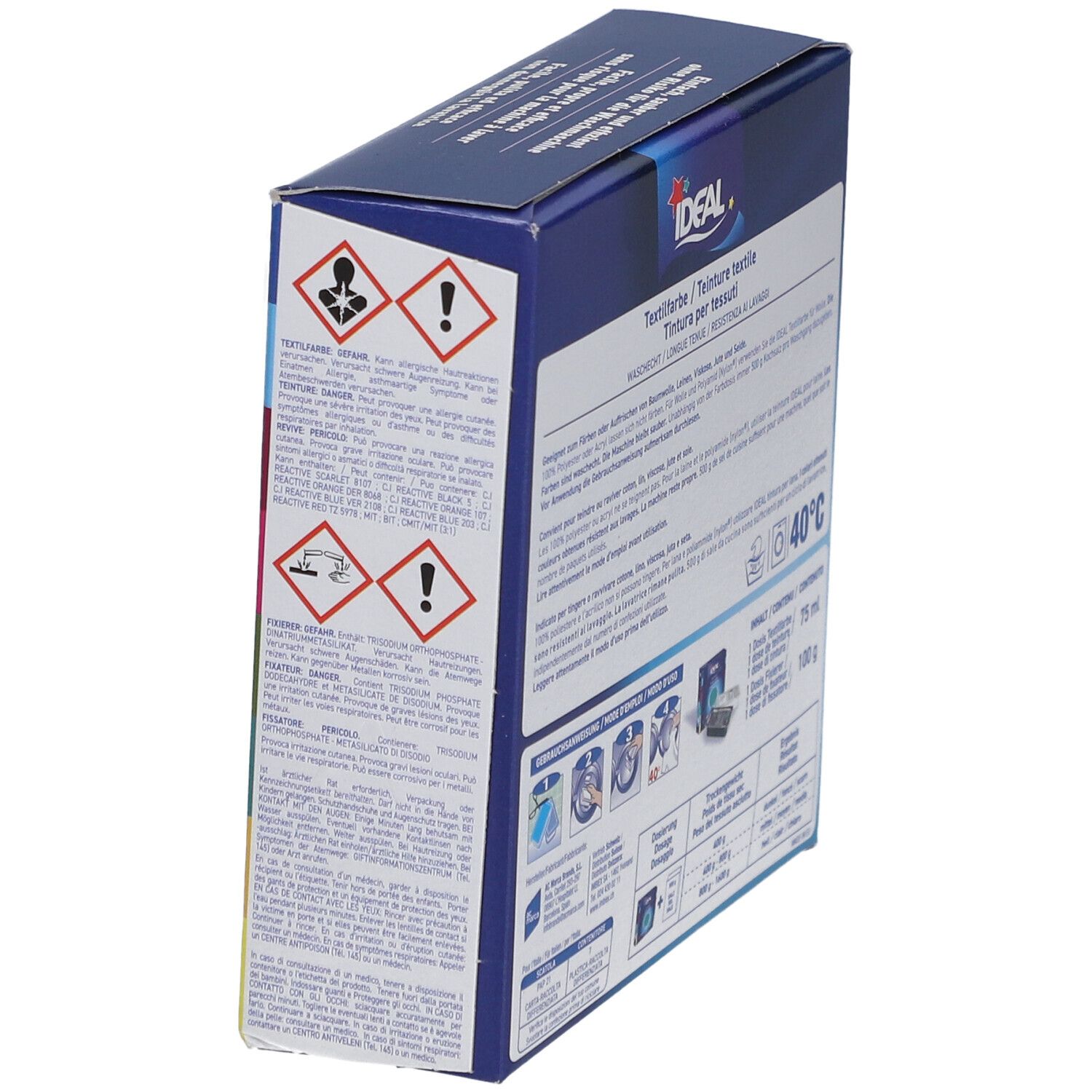 Schachtel mit Warnsymbolen und IDEAL-Logo. Textilfarbe. Waschhinweis 40°C. Farbton 66. Schräge Ansicht.