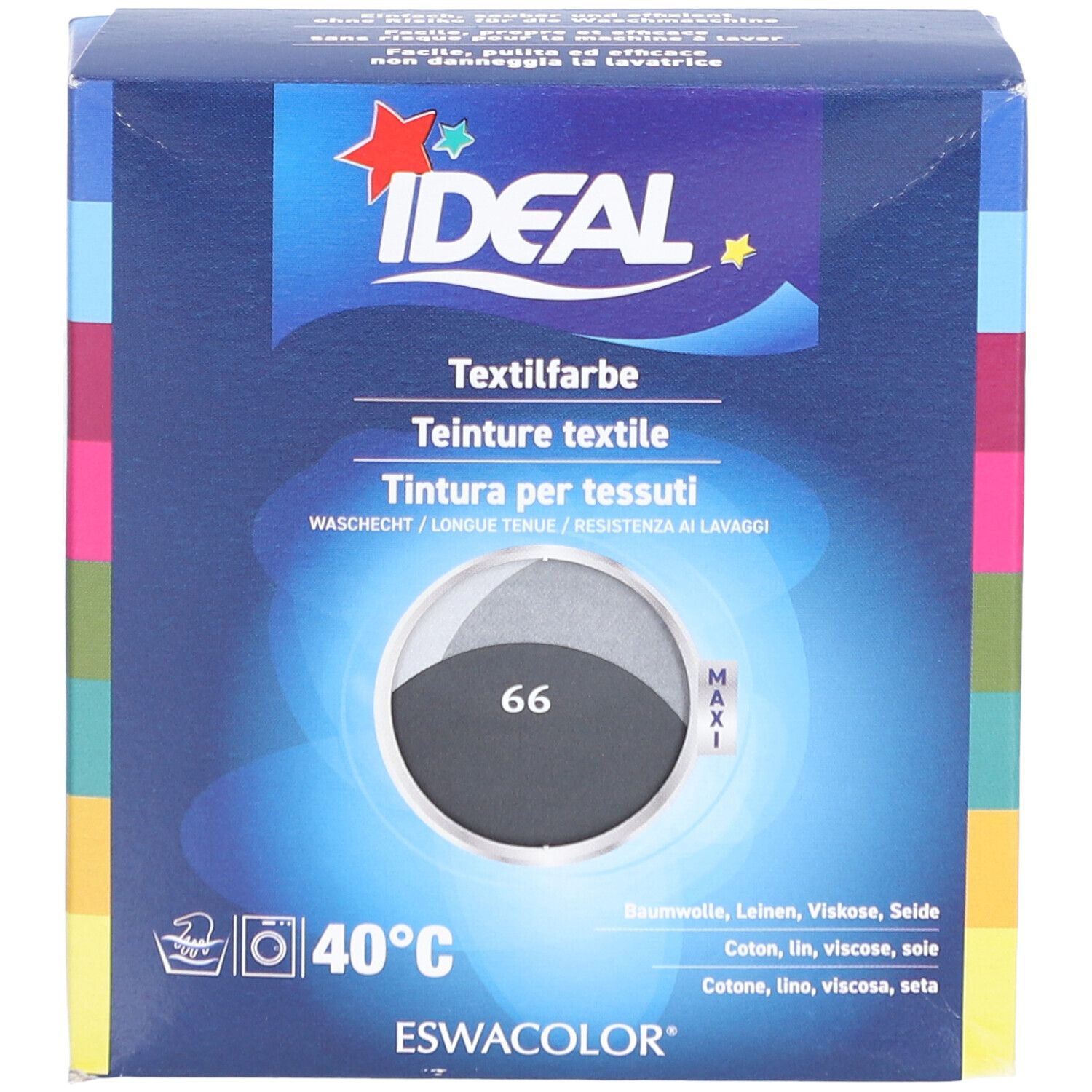Dunkelblaue Schachtel mit IDEAL-Logo. Textilfarbe, Farbton 66. Waschhinweis 40°C. Für Baumwolle, Leinen, Viskose, Seide.