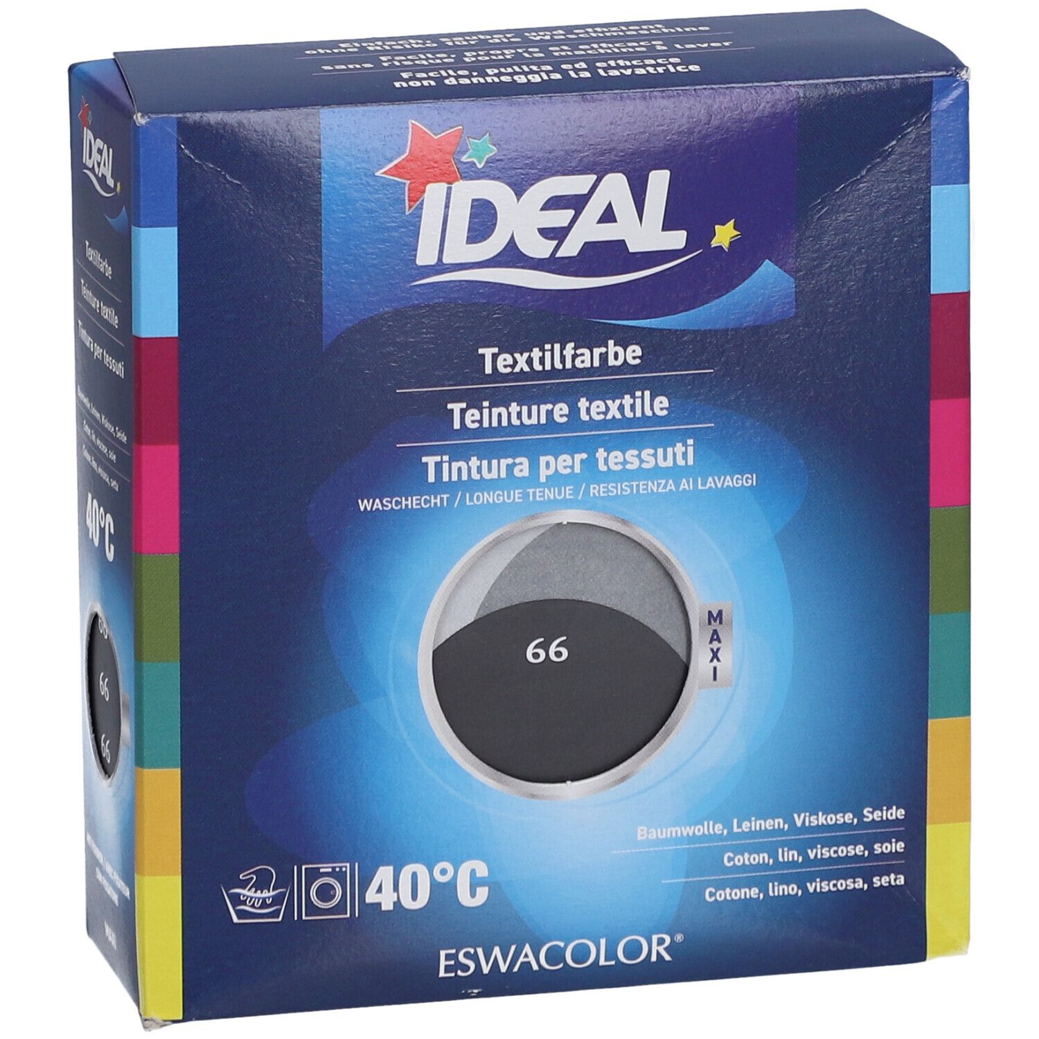 Dunkelblaue Schachtel mit IDEAL-Logo. Textilfarbe, Farbton 66. Waschhinweis 40°C. Für Baumwolle, Leinen, Viskose, Seide.