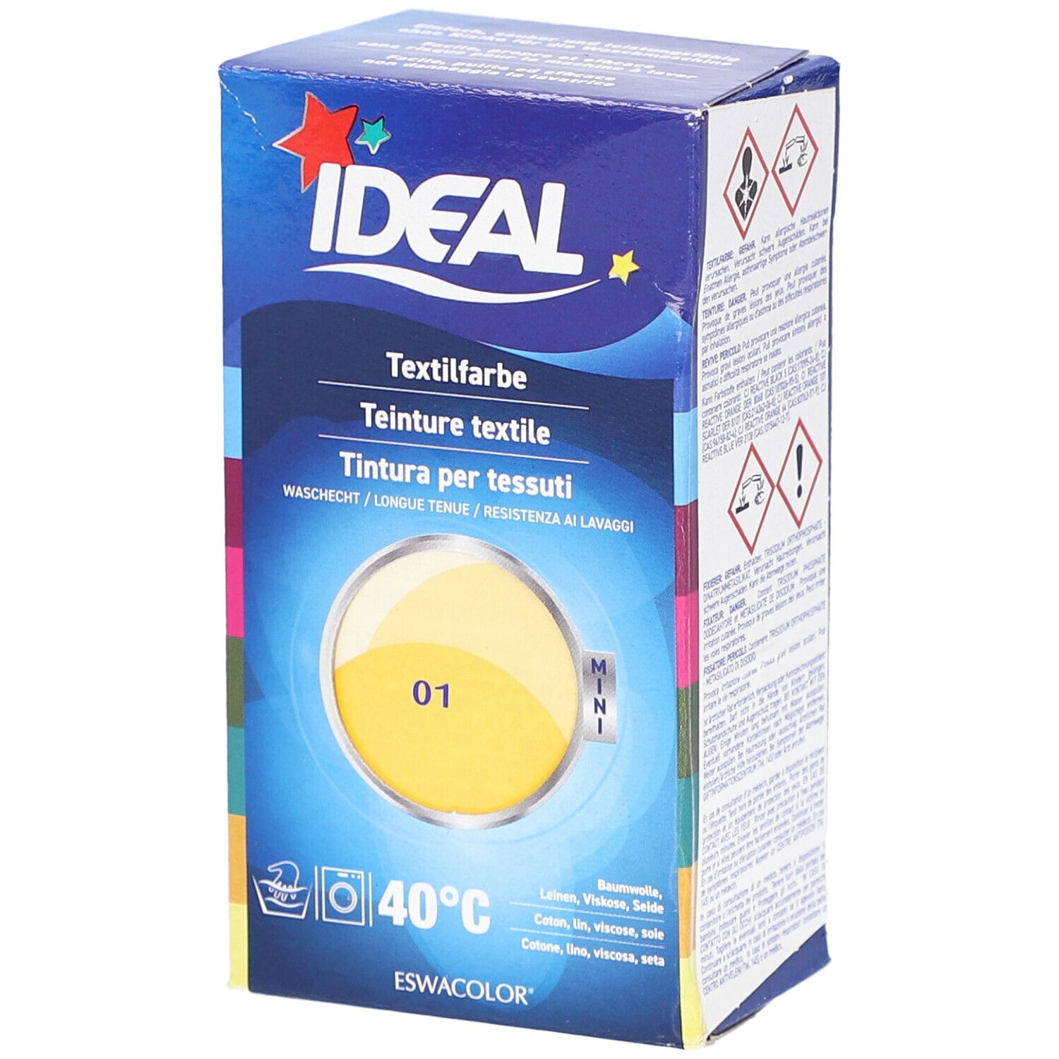 Ideal MINI Textilfarbe No01 Gelb. Karton mit Produktabbildung und Text. Waschhinweis 40°C. Für Baumwolle, Leinen, Viskose & Seide.