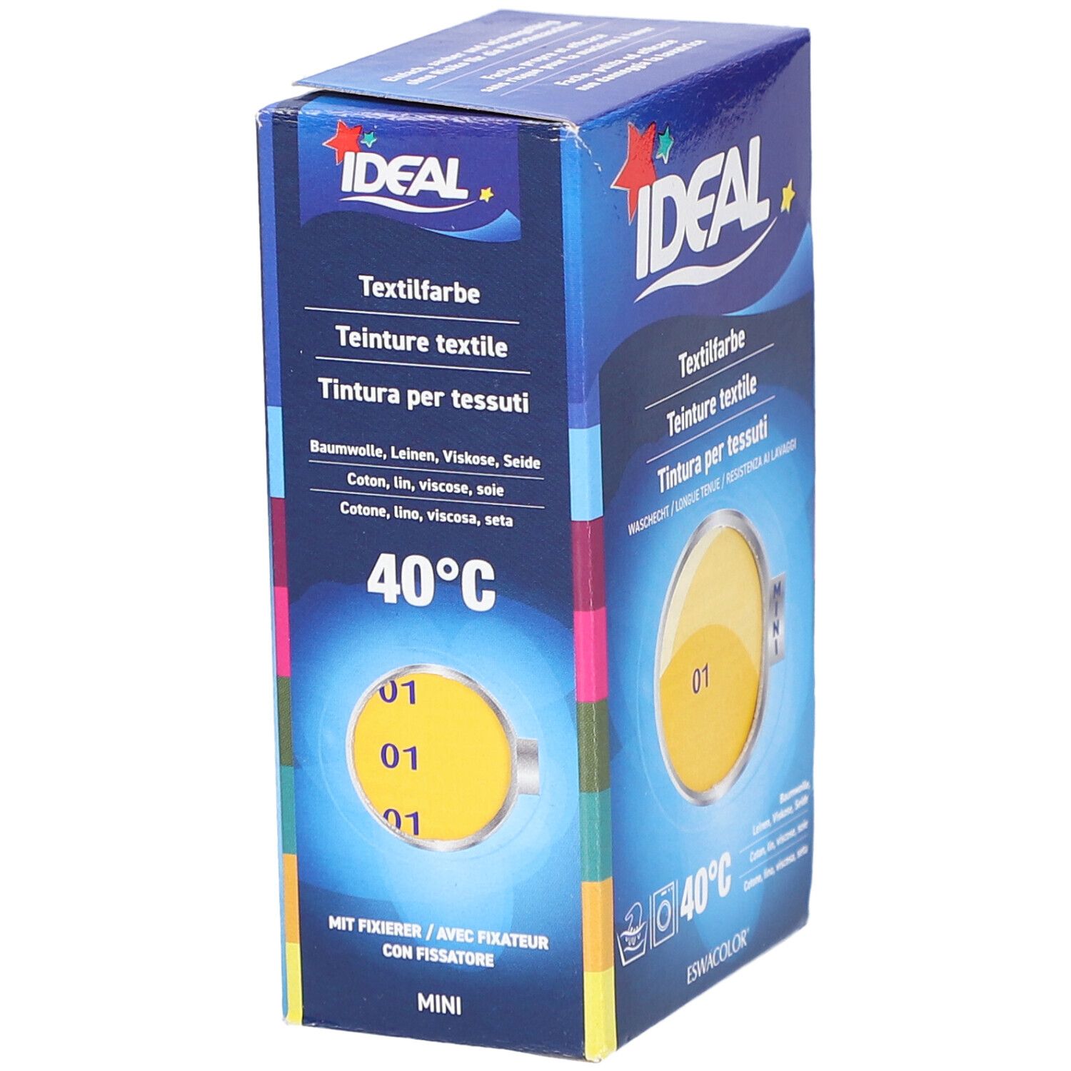 Ideal Textilfarbe, gelb, in Kartonverpackung. Aufdrucke: Textilfarbe, 40°C, MINI. Geeignet für Baumwolle, Leinen, Viskose, Seide.