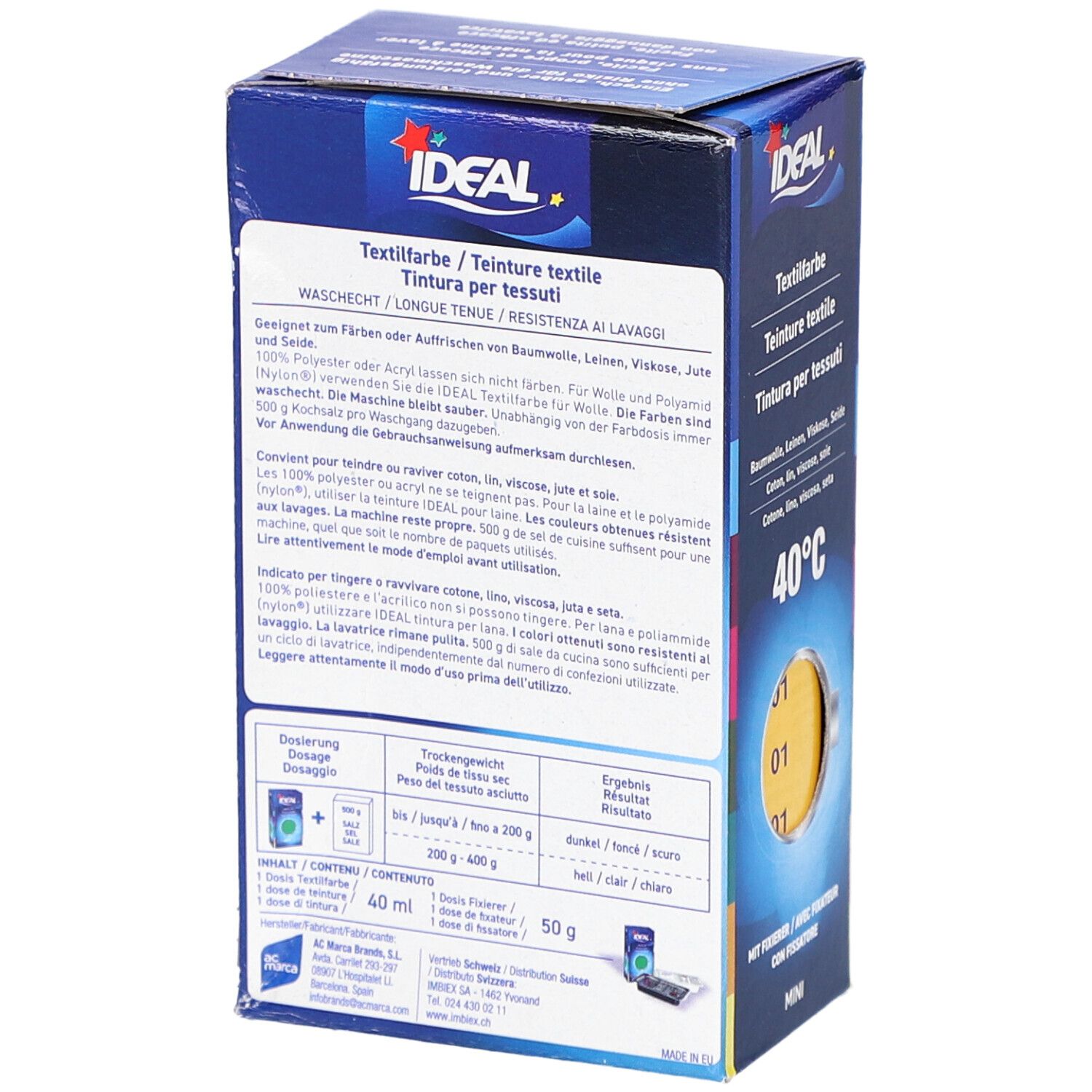 Rückseite der Ideal Textilfarben-Verpackung. Text in Deutsch, Italienisch, Französisch. Dosierungsangaben, Waschhinweise, Inhaltsstoffe.