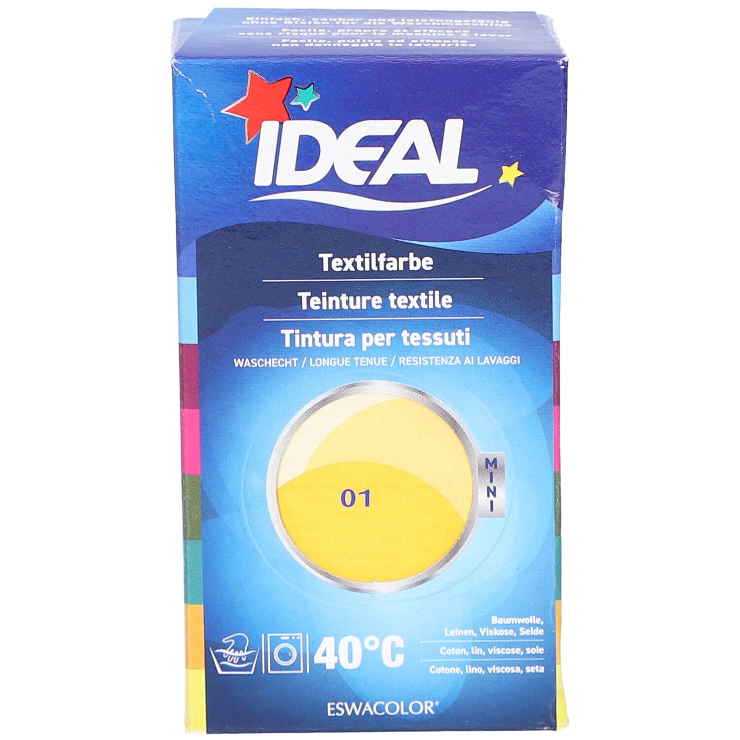 Ideal MINI Textilfarbe No01 Gelb. Karton mit Produktabbildung und Text. Waschhinweis 40°C. Für Baumwolle, Leinen, Viskose & Seide.