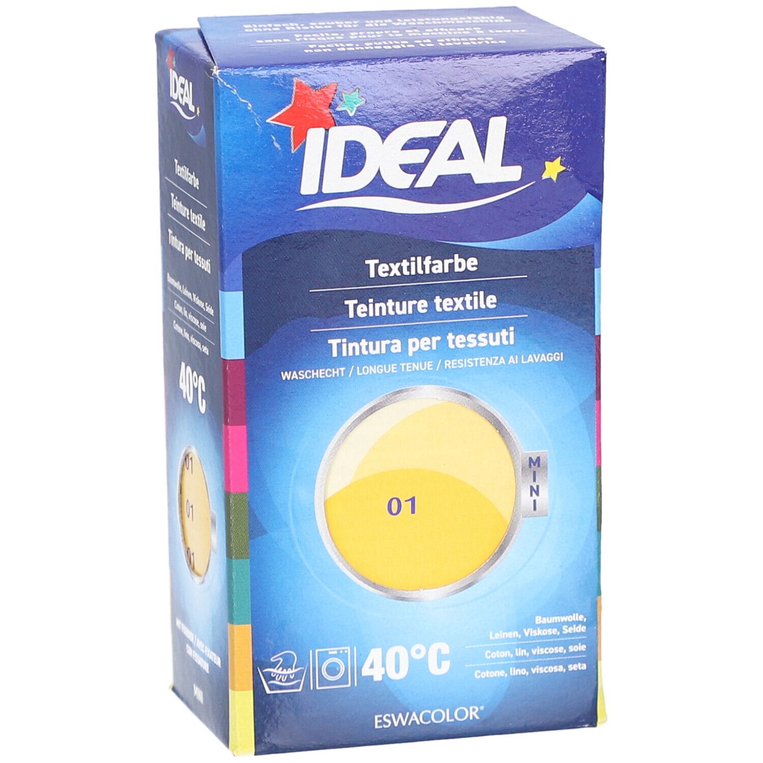 Ideal Textilfarbe, gelb, in Kartonverpackung. Aufdrucke: Textilfarbe, 40°C, MINI. Geeignet für Baumwolle, Leinen, Viskose, Seide.