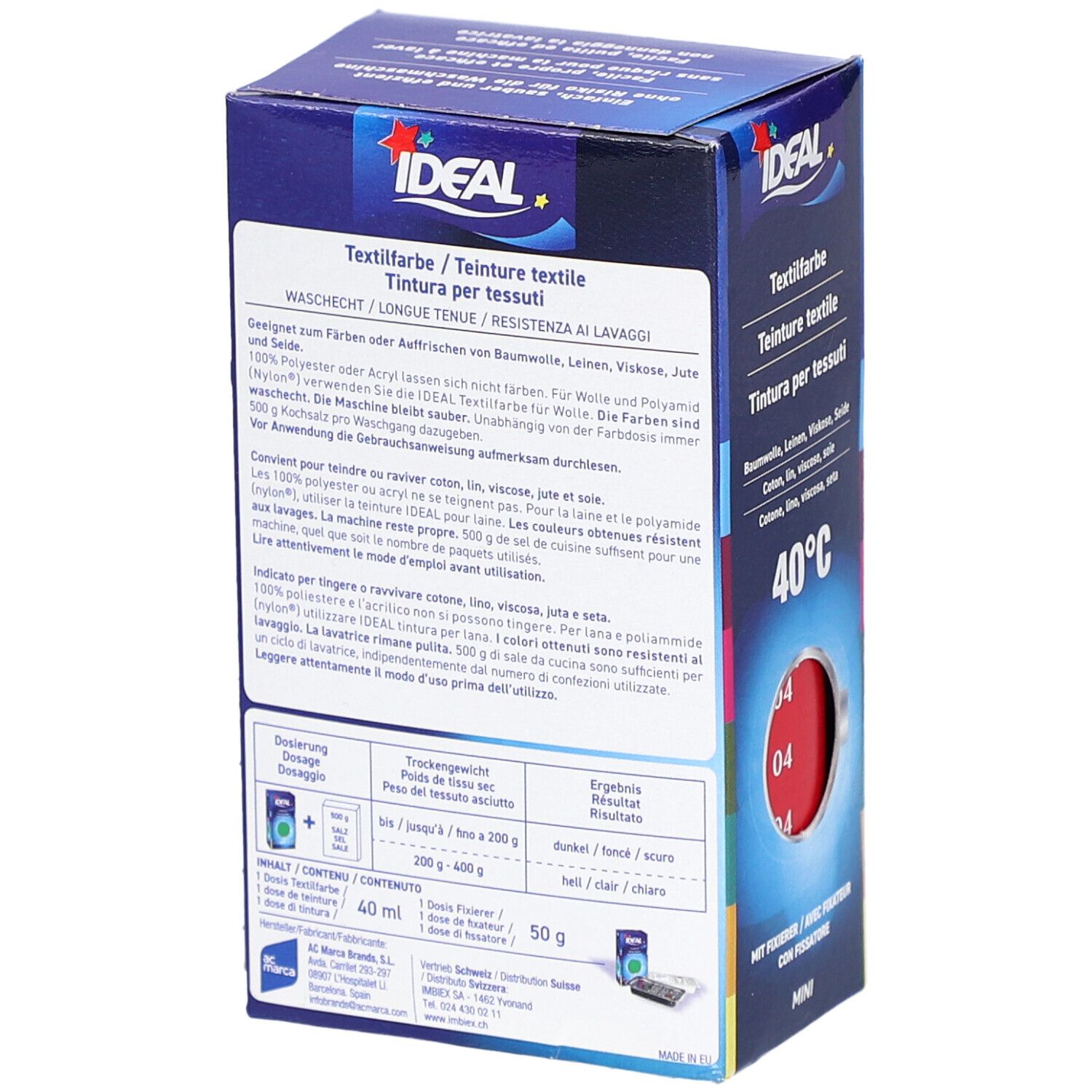 Rückseite der Textilfarben-Verpackung. Informationen zu Inhaltsstoffen, Anwendung und Waschbarkeit. Marke IDEAL, Farbton 04 Rot.