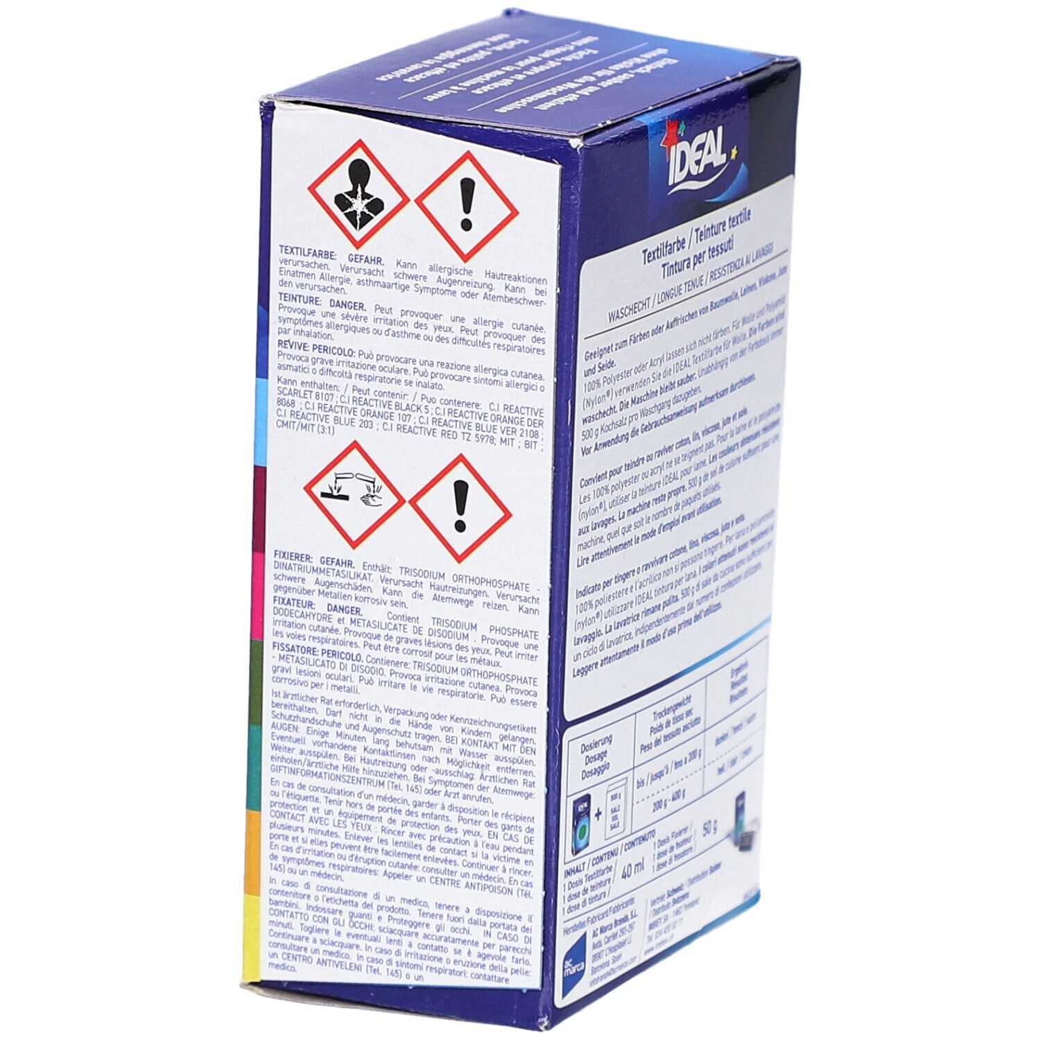 Rückseite der Textilfarben-Verpackung mit Warnhinweisen und Inhaltsstoffen. Marke IDEAL, Farbton 04 Rot.