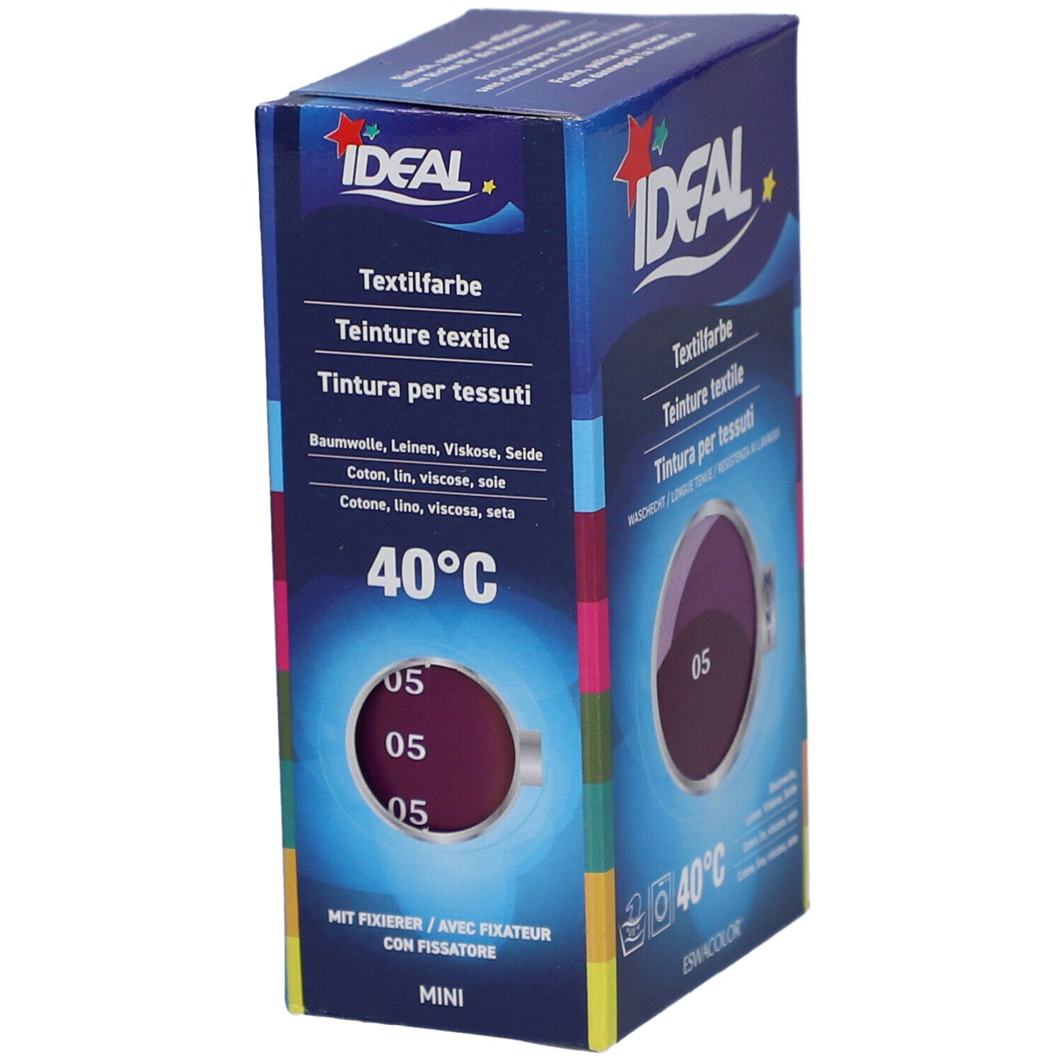 Karton mit Textilfarbe. Marke IDEAL. Farbe 05 Violett. Waschbar bei 40°C. Mini-Packung.