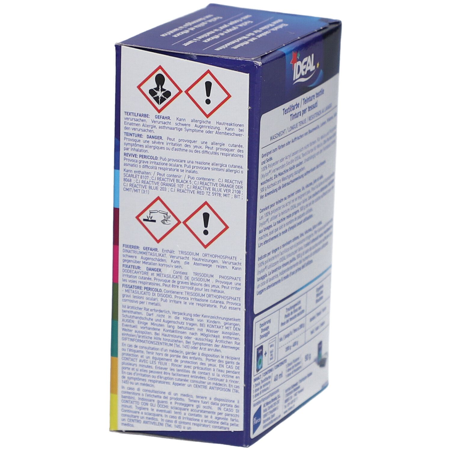 Seite der Textilfarben-Verpackung. Warnhinweise und Gefahrensymbole.