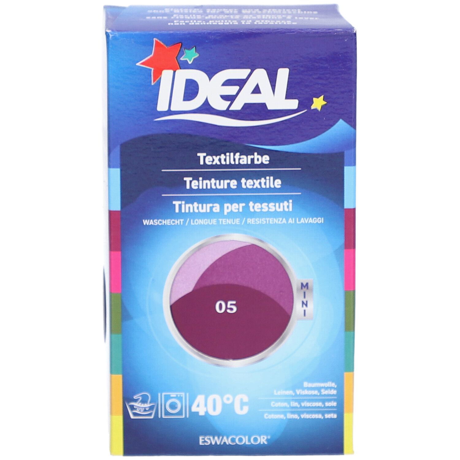 Karton mit Textilfarbe. Marke IDEAL. Farbe 05 Violett. Waschbar bei 40°C. Mini-Packung.