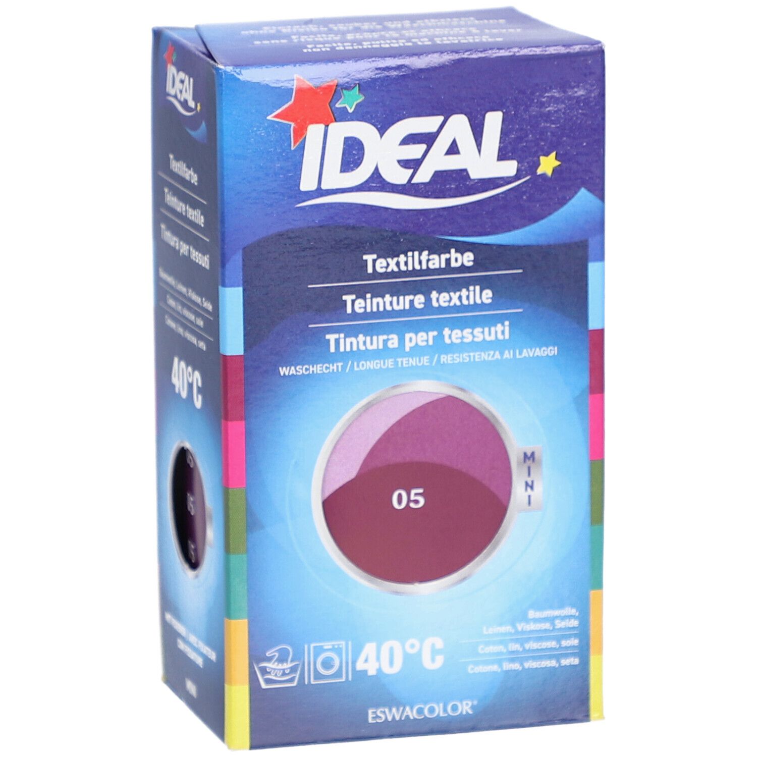 Karton mit Textilfarbe. Marke IDEAL. Farbe 05 Violett. Waschbar bei 40°C. Mini-Packung.