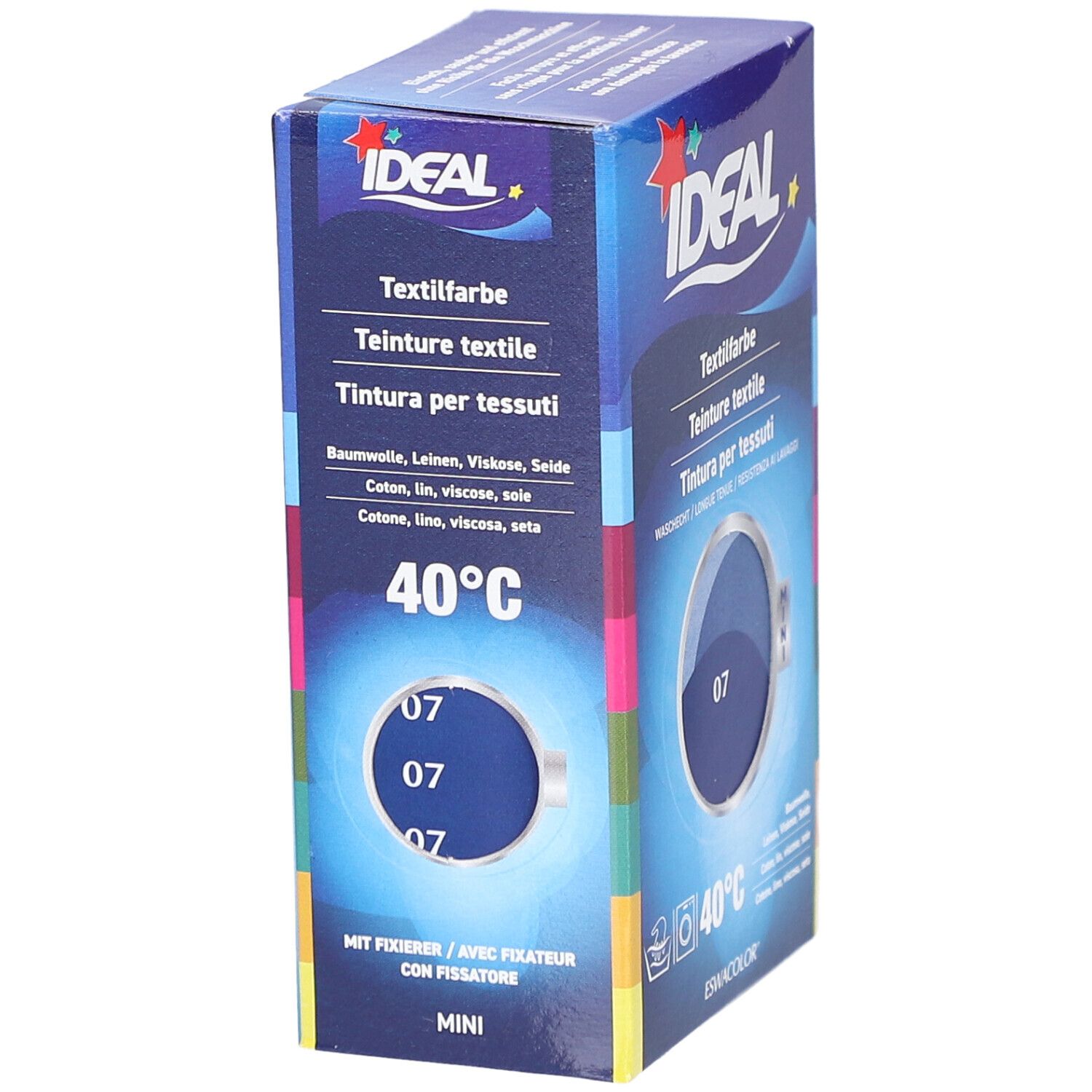 Karton mit Textilfarbe IDEAL. Textaufdrucke in Deutsch, Französisch und Italienisch. Waschhinweis 40°C. Geeignet für Baumwolle, Leinen, Viskose & Seide.