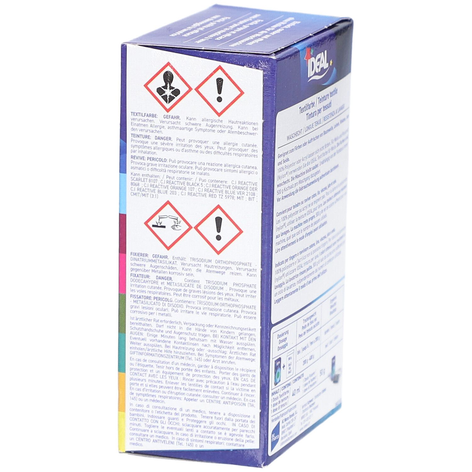Seite der Textilfarben-Verpackung mit Warnhinweisen. Gefahrensymbole. Marke IDEAL.