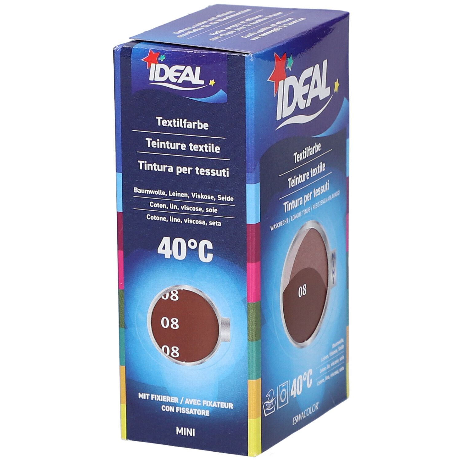 Textilfarben-Verpackung IDEAL, Farbton 08. Für Baumwolle, Leinen, Viskose, Seide. Waschbar bei 40°C. Mit Fixierer. Mini-Format.