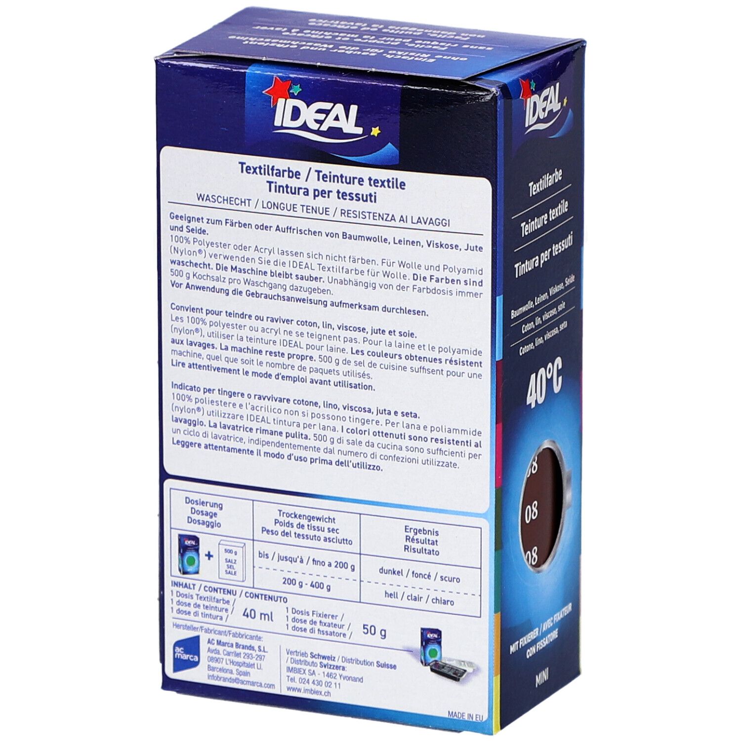 Rückseite der Textilfarben-Verpackung IDEAL. Informationen zu Inhaltsstoffen, Dosierung und Anwendung. Waschbar, farbecht.