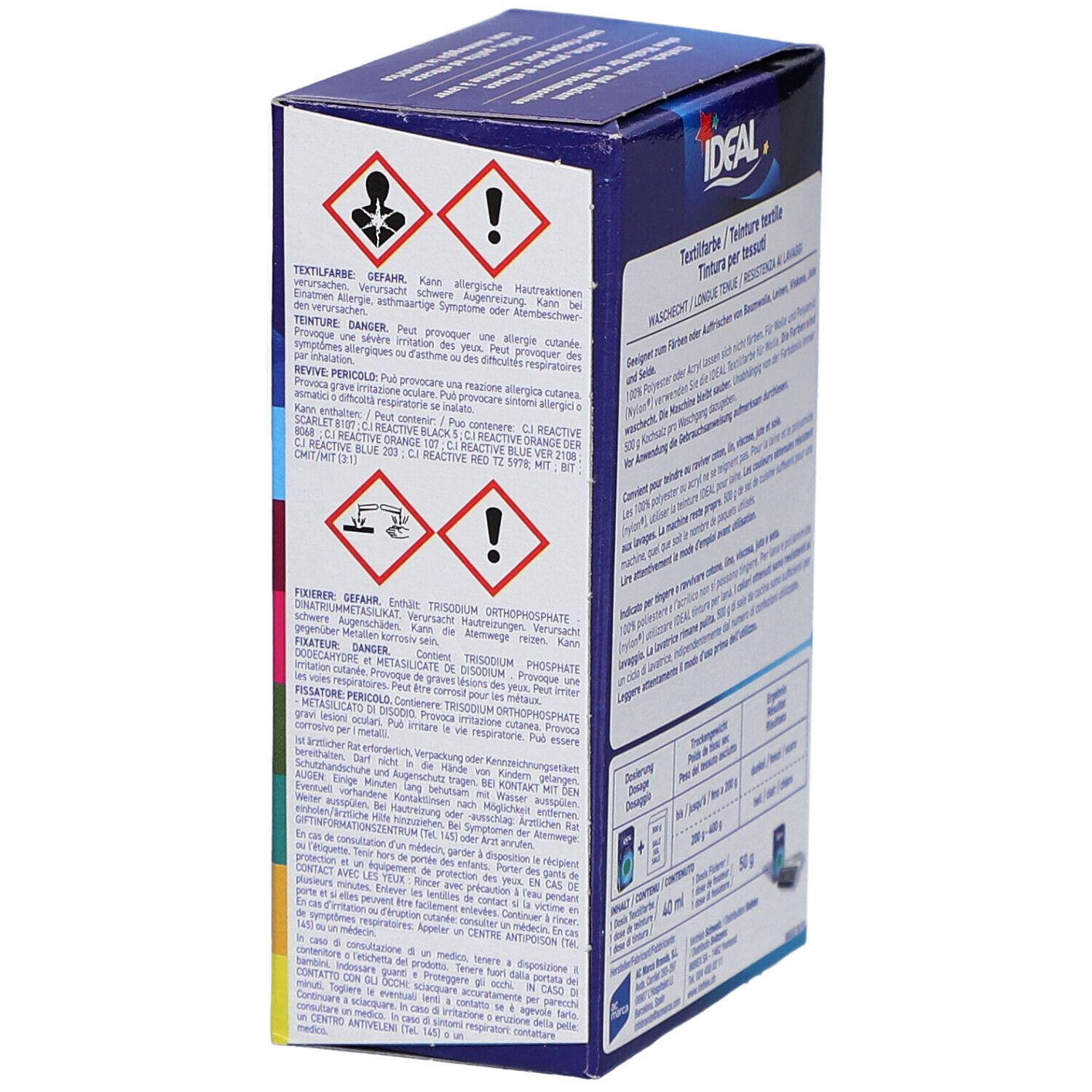 Seite der Textilfarben-Verpackung IDEAL. Warnhinweise und Gefahrensymbole. Informationen zur Zusammensetzung.