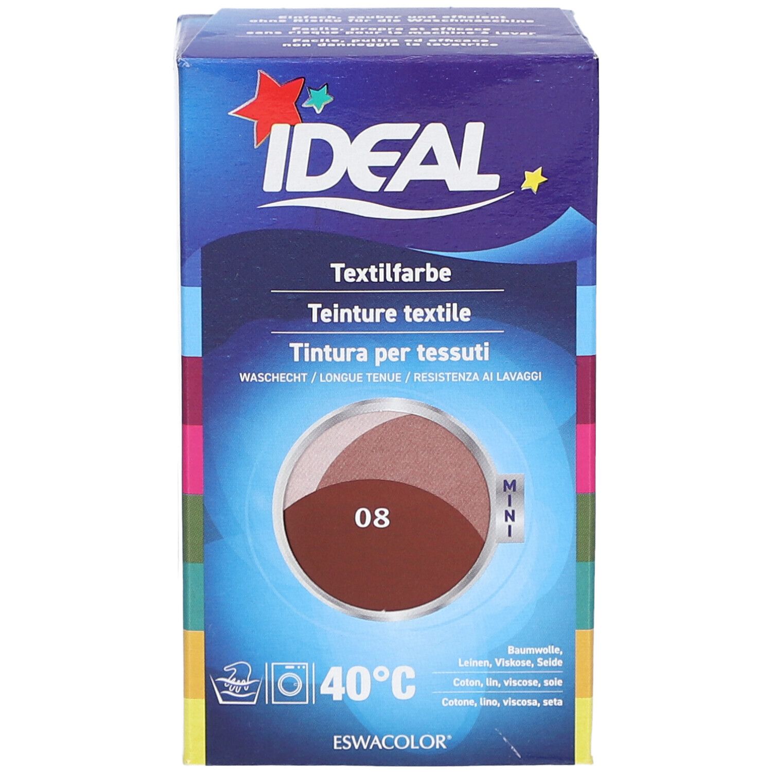 Textilfarben-Verpackung IDEAL, Farbton 08. Waschbar bei 40°C. Für Baumwolle, Leinen, Jute & Viskose. Mini-Format.