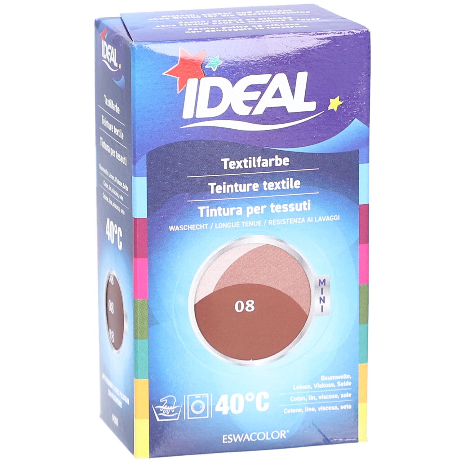 Textilfarben-Verpackung IDEAL, Farbton 08. Waschbar bei 40°C. Für Baumwolle, Leinen, Viskose, Seide. Mini-Format.