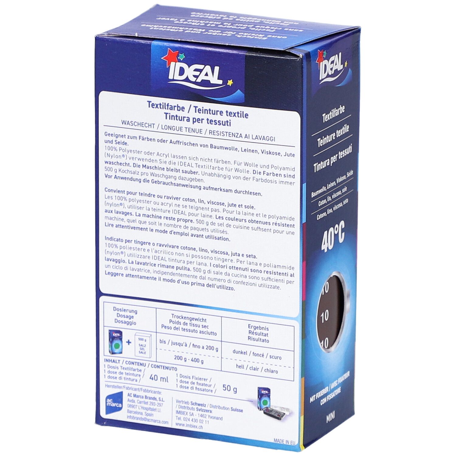 Ideal MINI Textilfarbe, braun. Verpackung mit Produktinformationen, Dosierungstabellen und Warnhinweisen. Text in mehreren Sprachen.