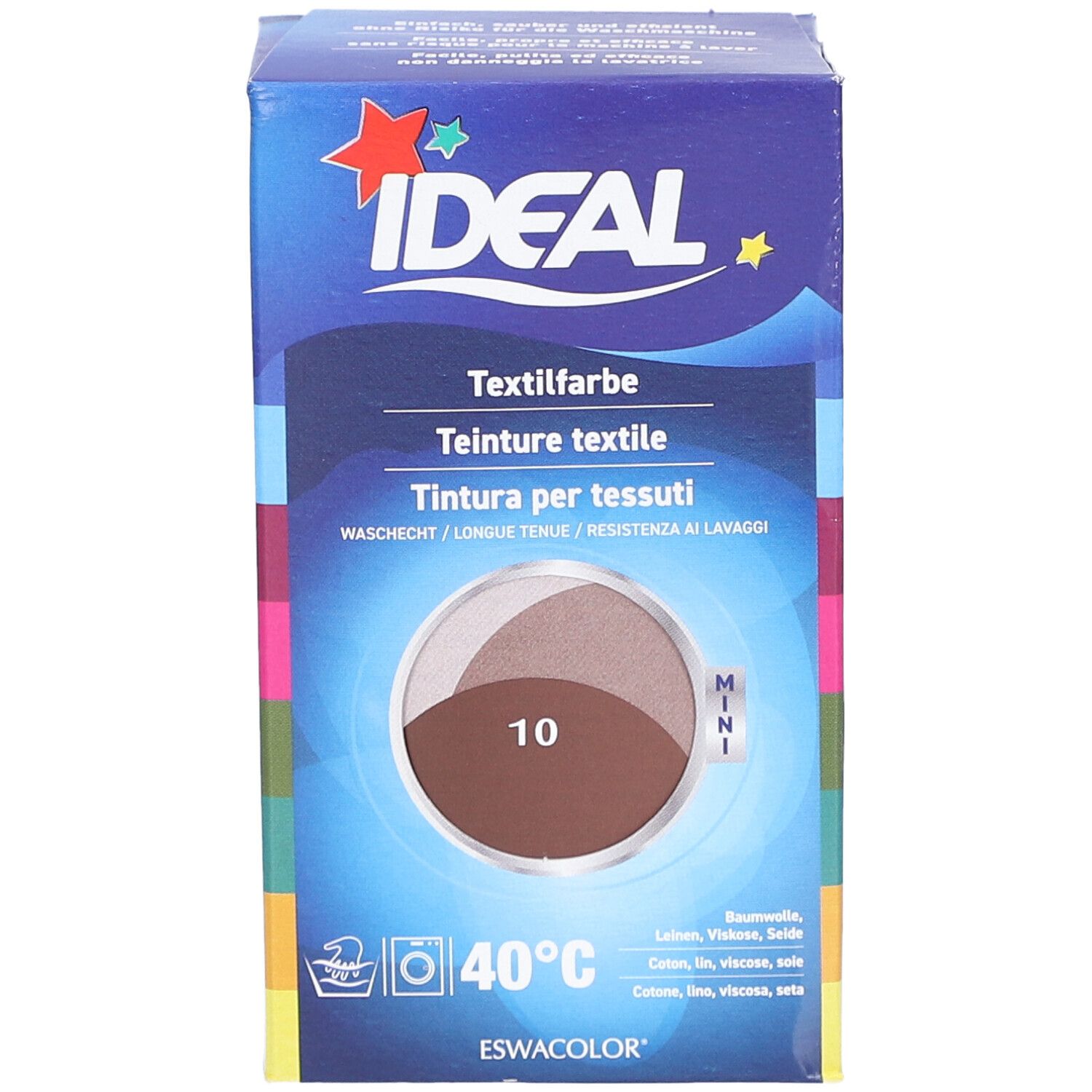 Ideal MINI Textilfarbe, braun. Verpackung mit Produktabbildung und Waschsymbol. Text in Deutsch, Italienisch, und Französisch.