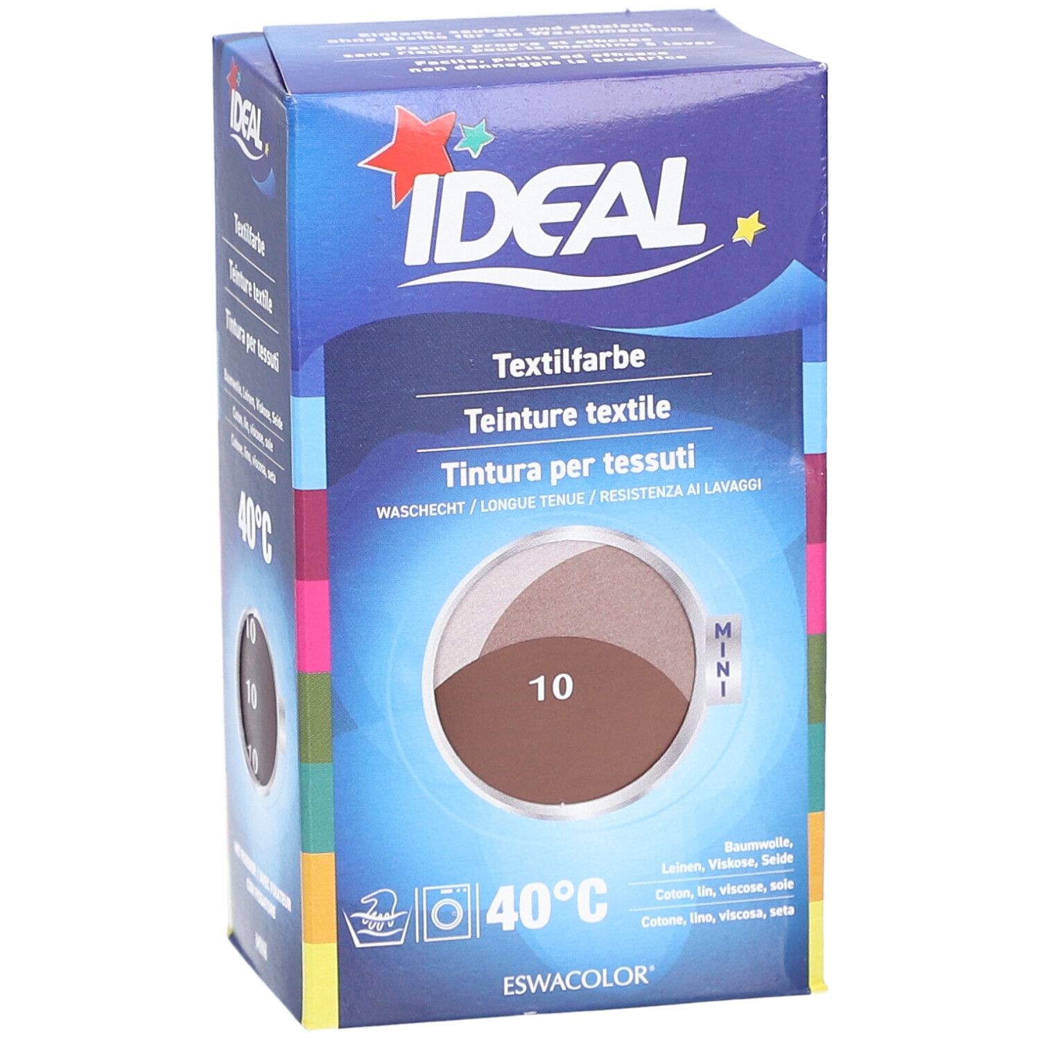 Ideal MINI Textilfarbe, braun. Verpackung mit Produktabbildung und Waschsymbol. Text in Deutsch, Italienisch, und Französisch.