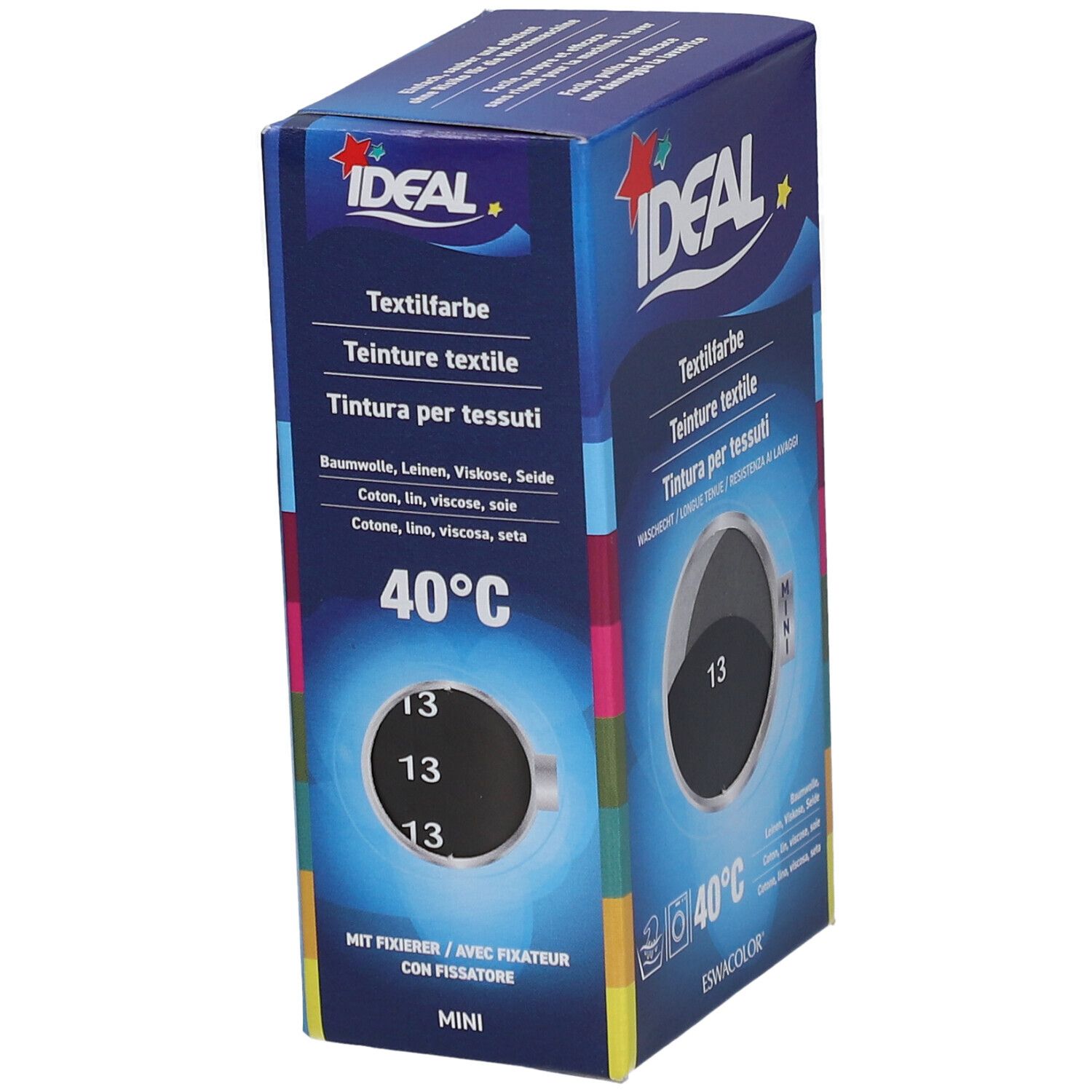 IDEAL Textilfarbe-Box. Schwarze Farbe 13. Waschbar bei 40°C. Mini-Verpackung. Mit Fixiermittel.