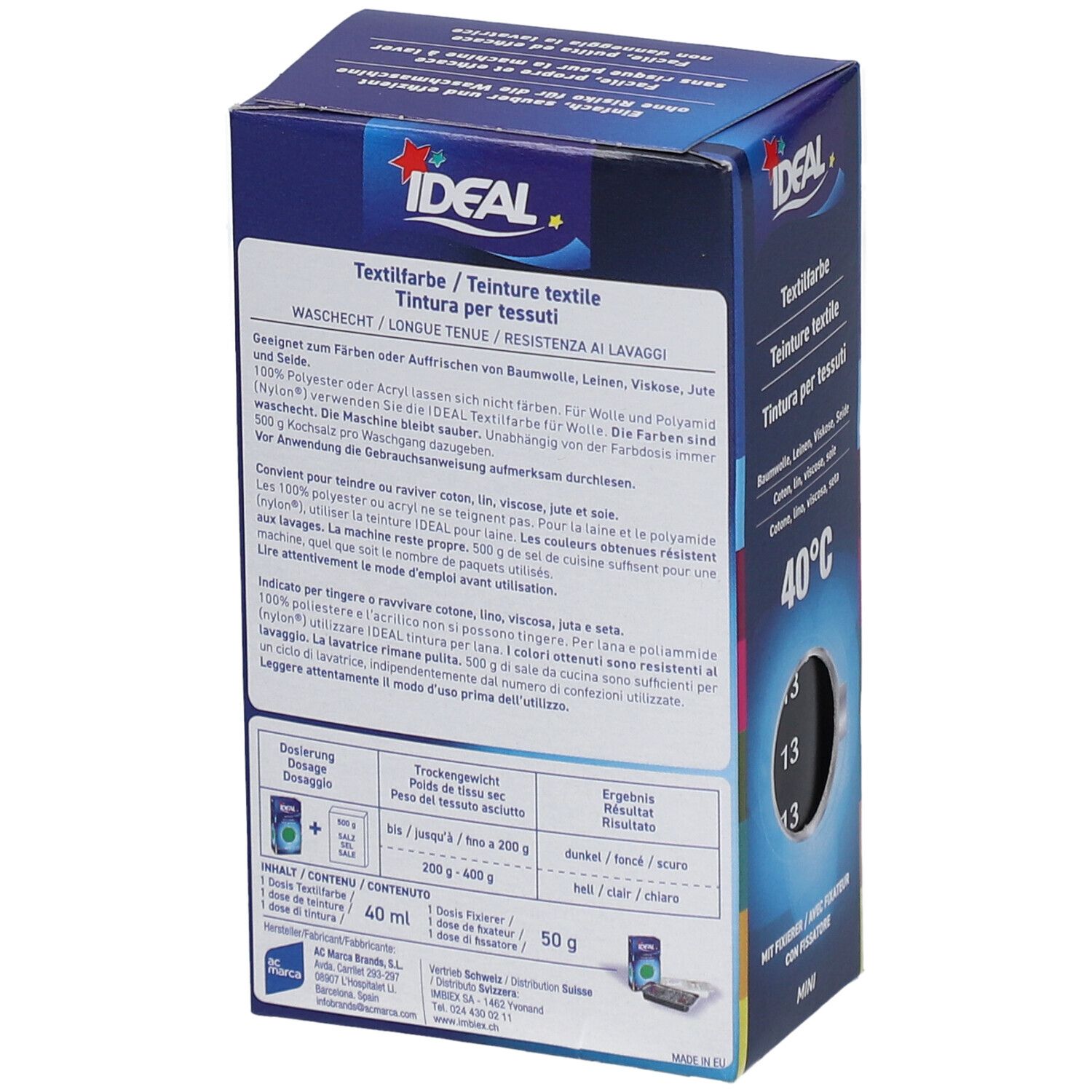 Rückseite der IDEAL Textilfarbe-Box. Informationen zu Inhaltsstoffen, Anwendung und Waschbarkeit.