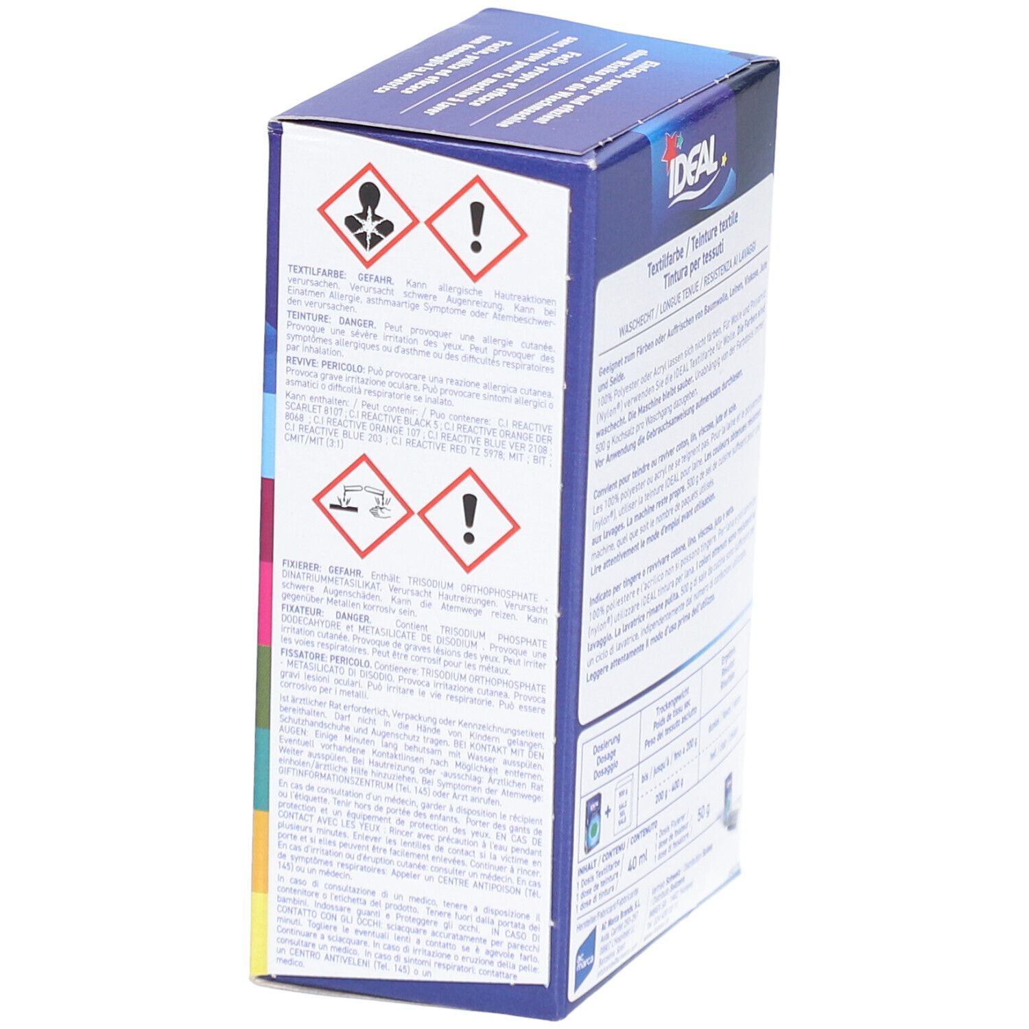 Seite der IDEAL Textilfarbe-Box. Warnhinweise und Informationen zur Anwendung.