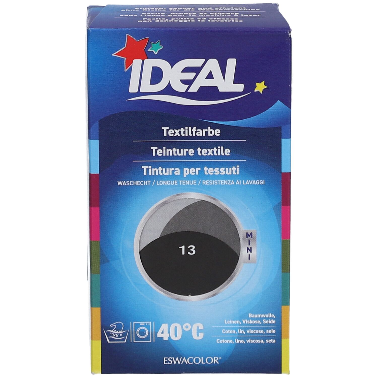 IDEAL Textilfarbe-Box. Schwarze Farbe 13. Waschbar bei 40°C. Mini-Verpackung.