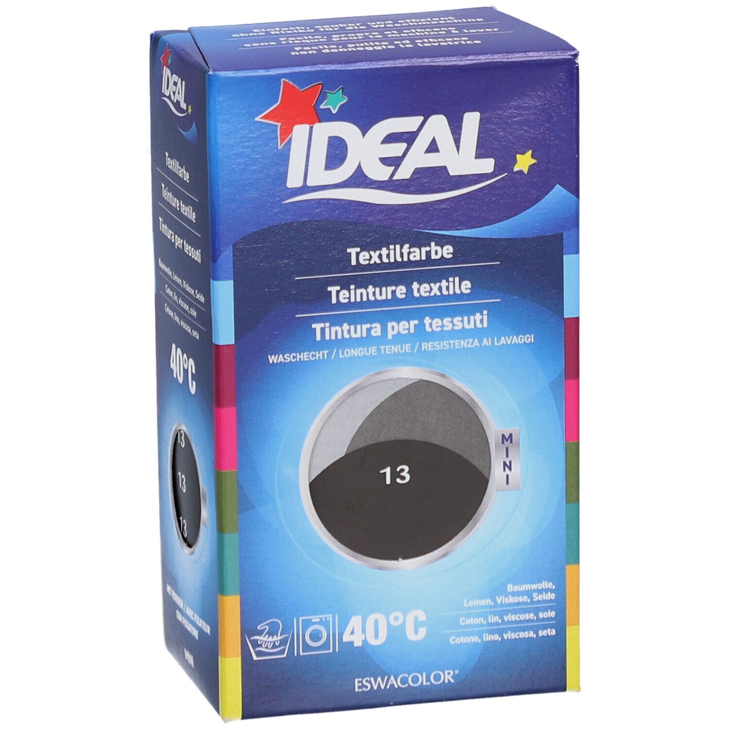 IDEAL Textilfarbe-Box. Schwarze Farbe 13. Waschbar bei 40°C. Mini-Verpackung.