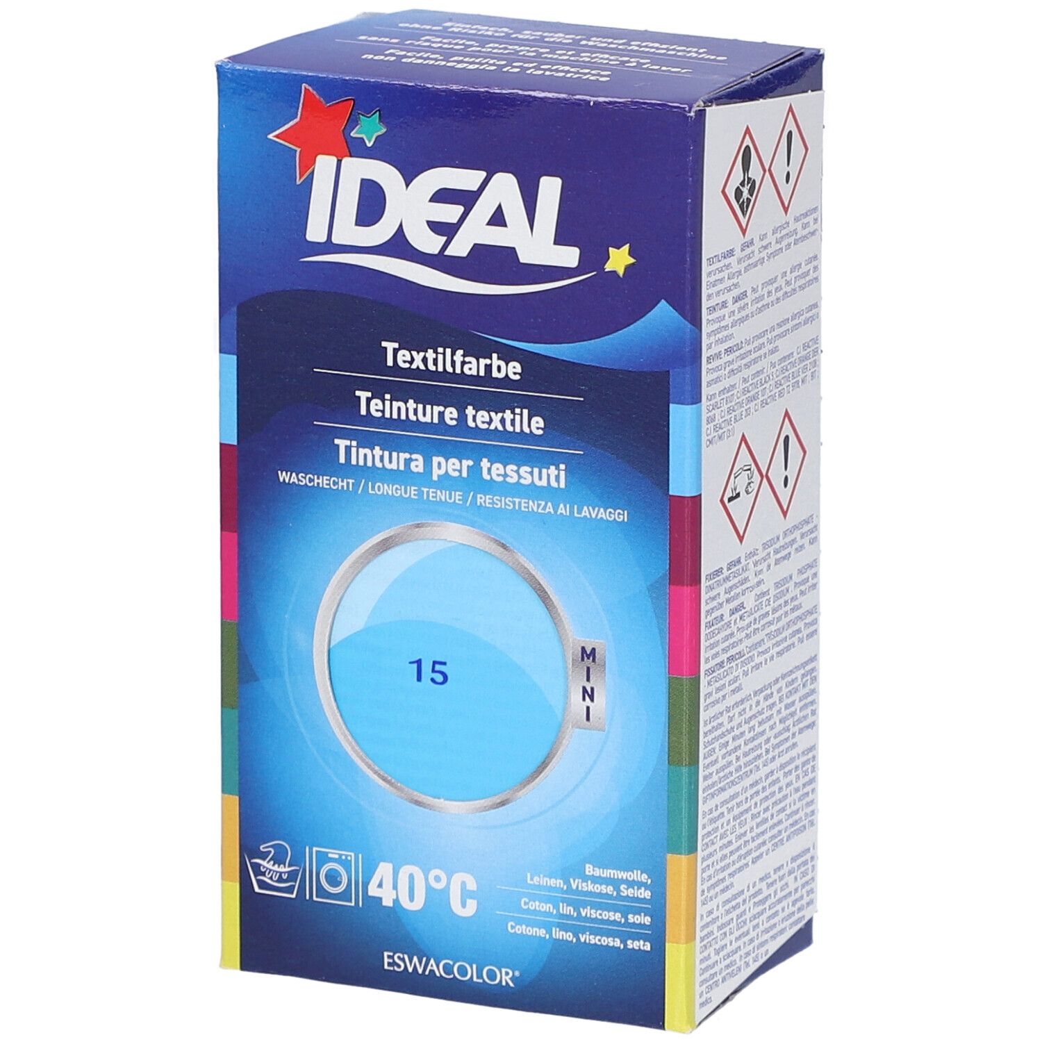 Karton mit Textilfarbe. Marke IDEAL. Blaue Farbe, Waschsymbol, 40°C. Produktname und Farbnummer 15.