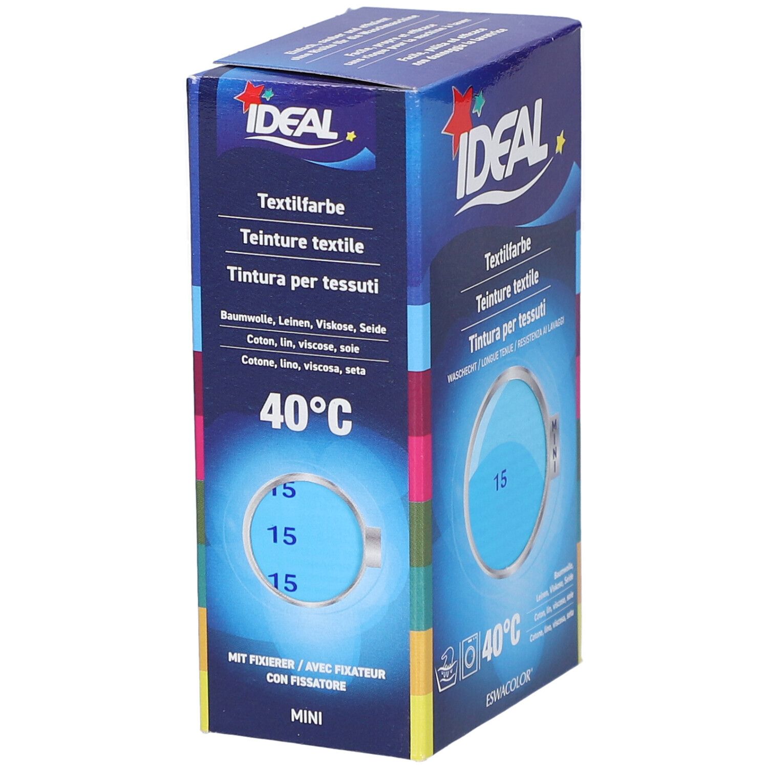 Karton mit Textilfarbe. Marke IDEAL. Blaue Farbe, Waschsymbol, 40°C. Produktname und Farbnummer 15.