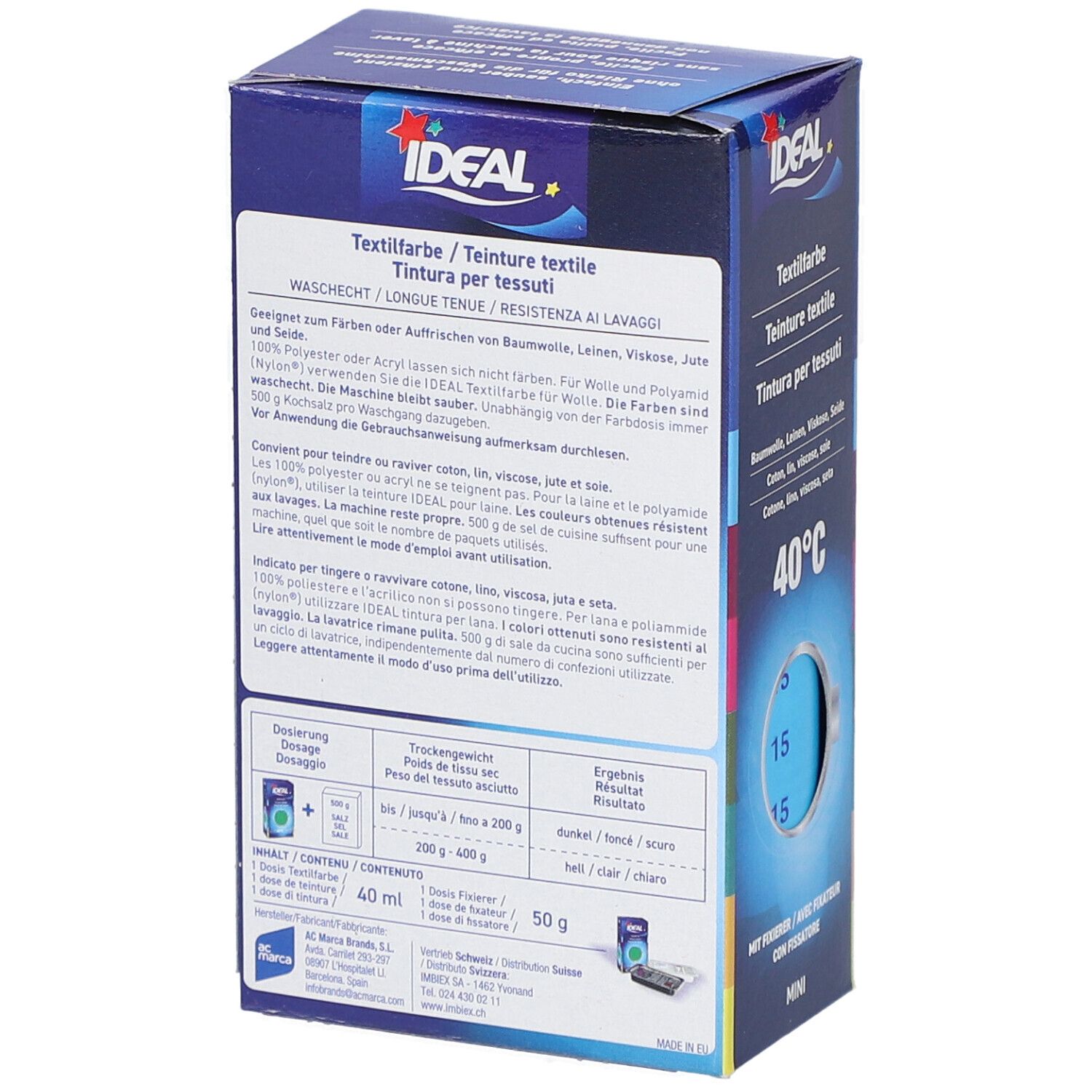 Rückseite der Textilfarben-Verpackung. Informationen zu Inhaltsstoffen, Anwendung und Warnhinweisen.
