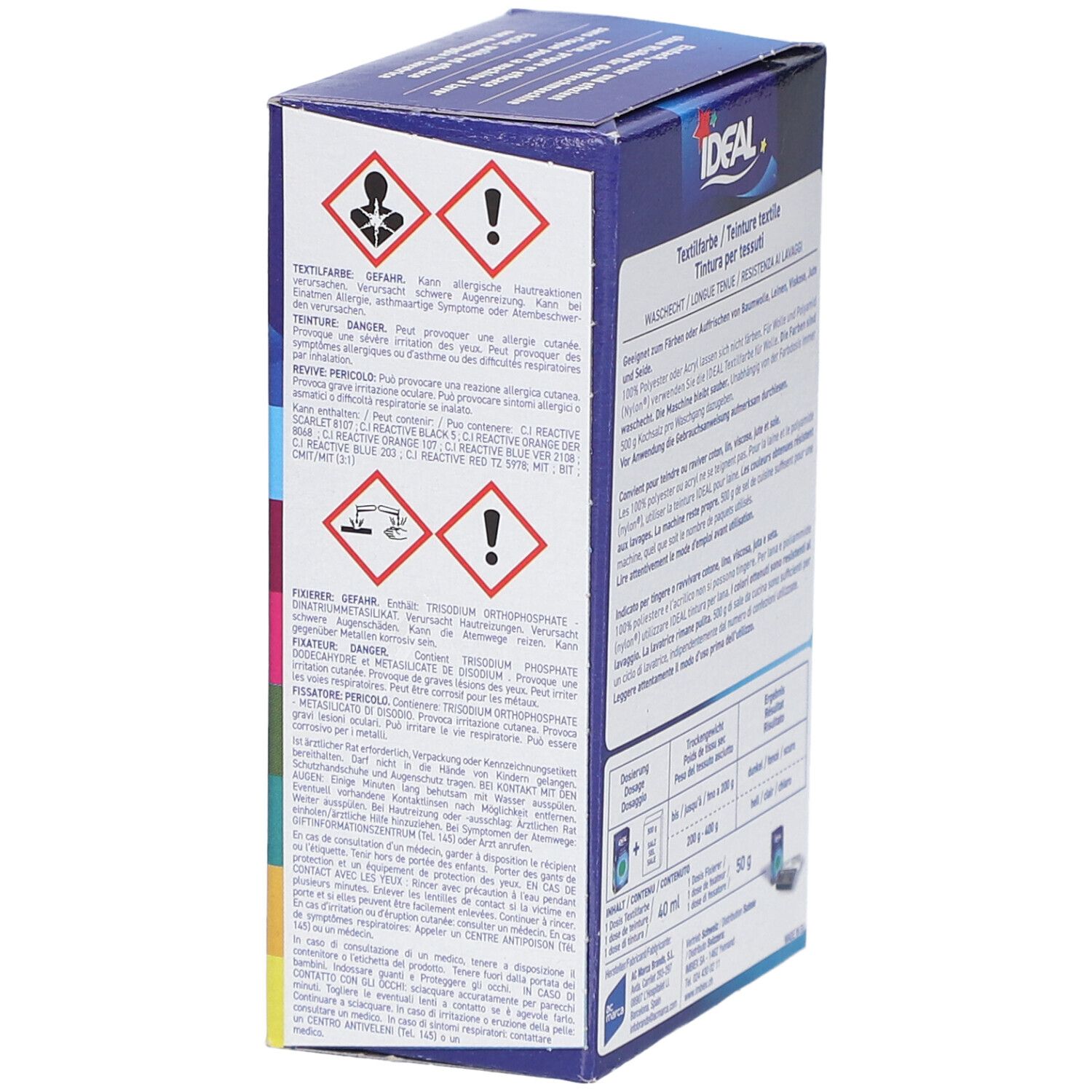 Seite der Textilfarben-Verpackung. Warnhinweise und Gefahrensymbole.