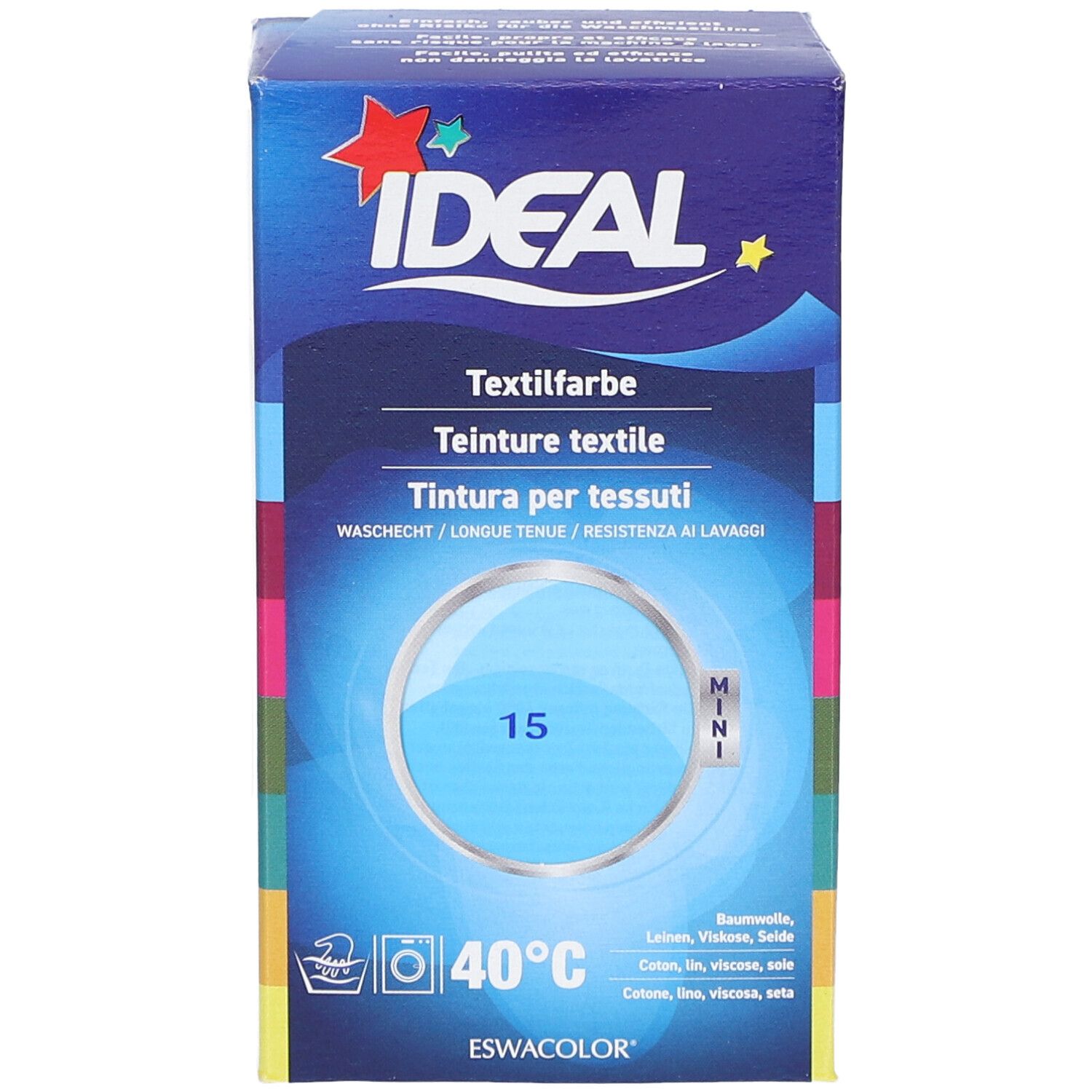 Karton mit Textilfarbe. Marke IDEAL. Blaue Farbe, Waschsymbol, 40°C. Produktname und Farbnummer 15.