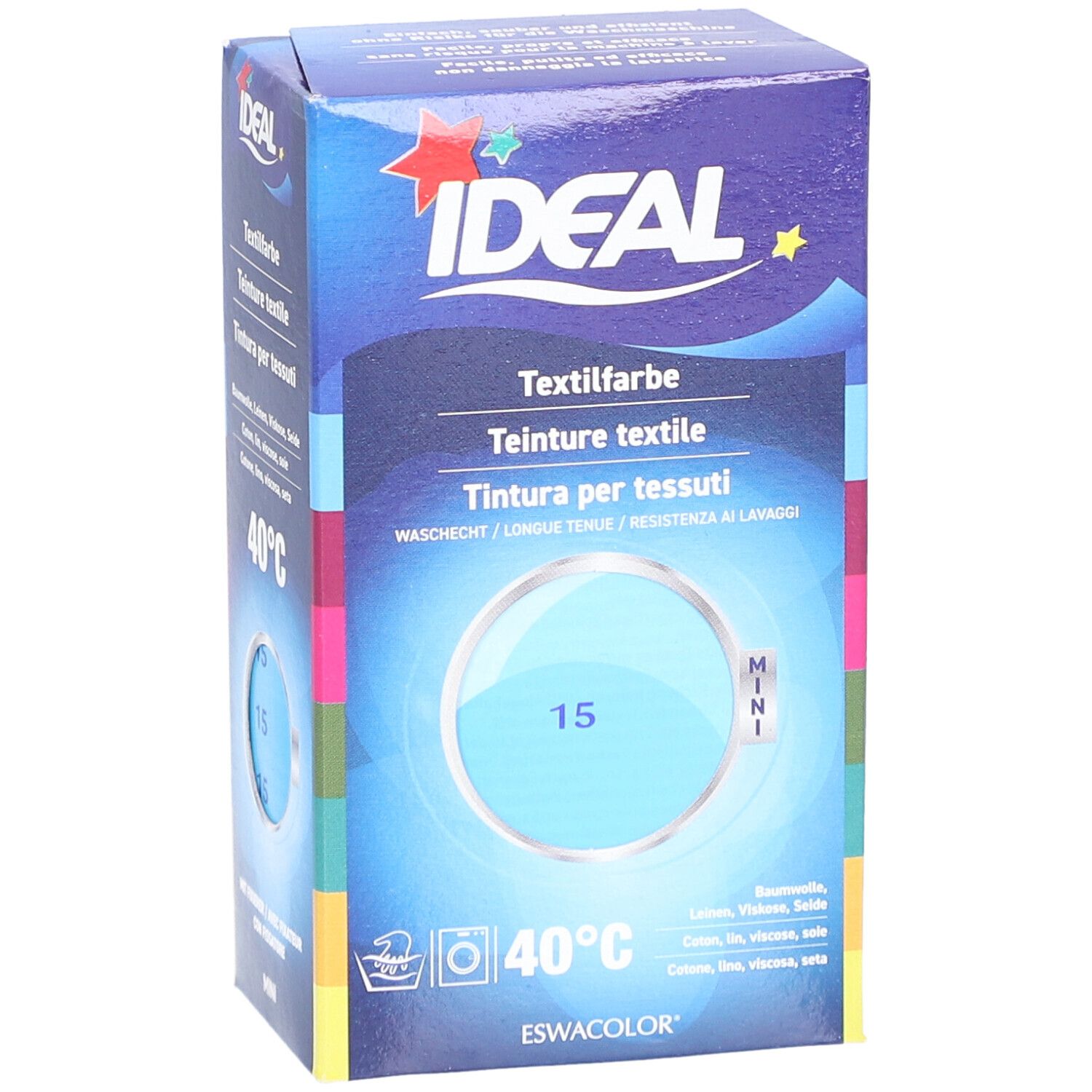 Karton mit Textilfarbe. Marke IDEAL. Blaue Farbe, Waschsymbol, 40°C. Produktname und Farbnummer 15.
