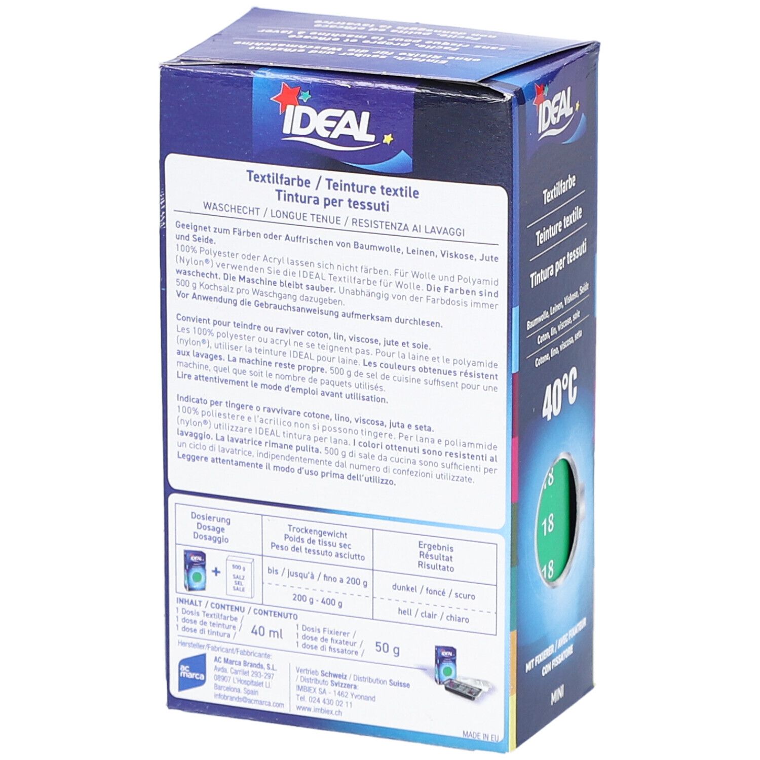 Rückseite der Ideal Textilfarbe Mini-Verpackung. Informationen zur Anwendung und Waschhinweise. Farbnummer 18.