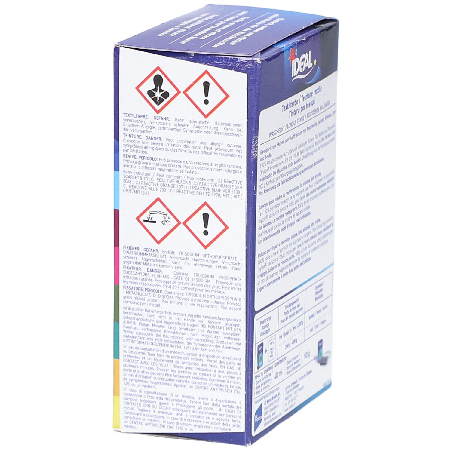 Seite der Ideal Textilfarbe Mini-Verpackung. Warnhinweise und Gefahrensymbole. Farbnummer 18.