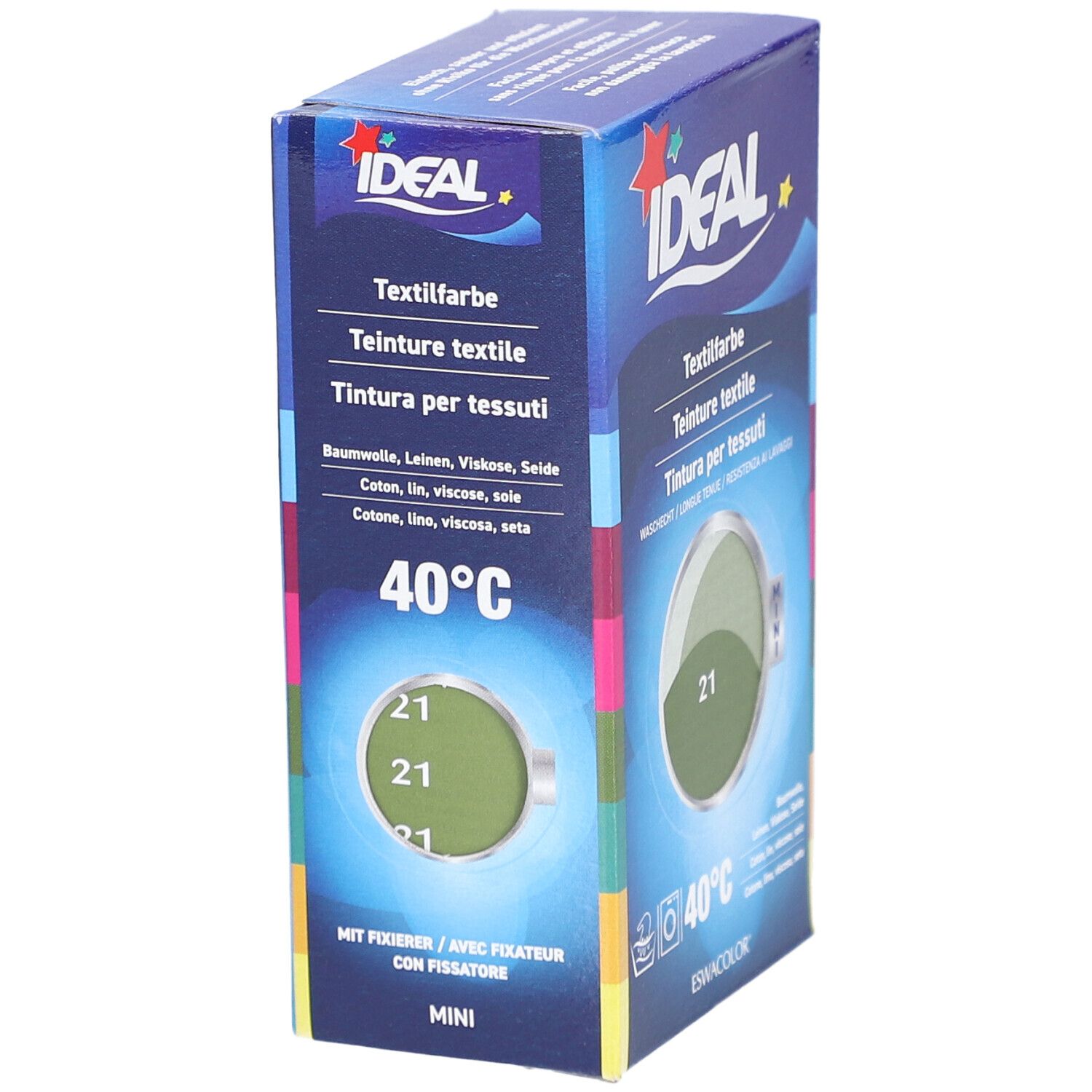 Karton mit IDEAL Textilfarbe. Aufdrucke: Textilfarbe, Mini, Farbe 21 Khaki, 40°C. Enthält Baumwolle, Leinen, Viskose, Seide.