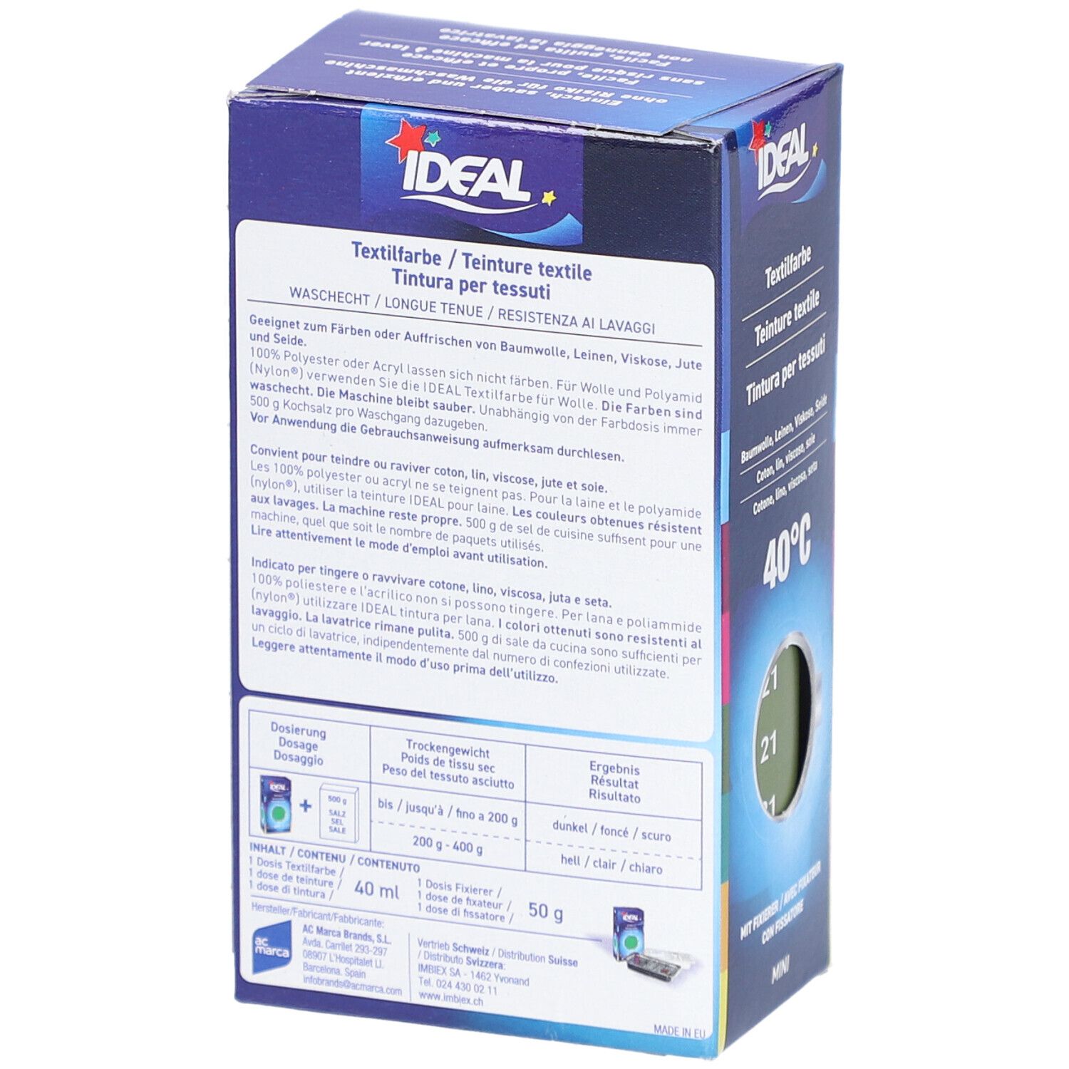 Rückseite der IDEAL Textilfarben-Verpackung. Text und Piktogramme. Angaben zu Inhaltsstoffen, Anwendung und Warnhinweisen.