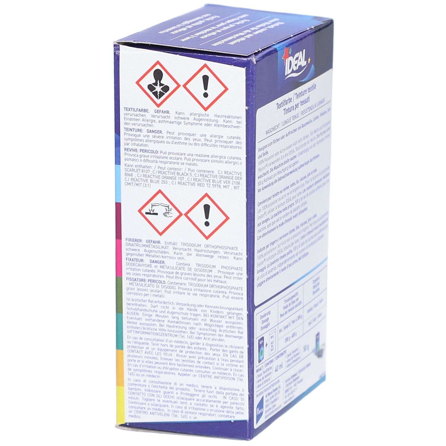 Seite der IDEAL Textilfarben-Verpackung. Warnhinweise und Piktogramme. Informationen zur sicheren Verwendung des Produkts.