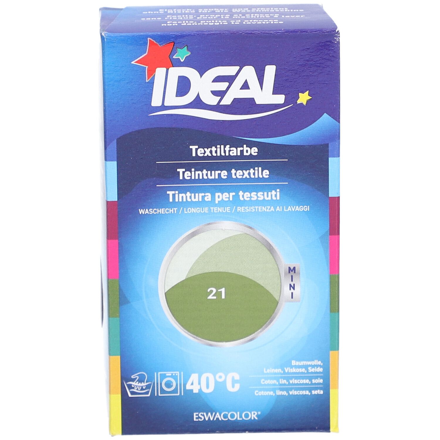 Karton mit IDEAL Textilfarbe. Aufdrucke: Textilfarbe, Mini, Farbe 21 Khaki, 40°C. Enthält Baumwolle, Leinen, Viskose, Seide.