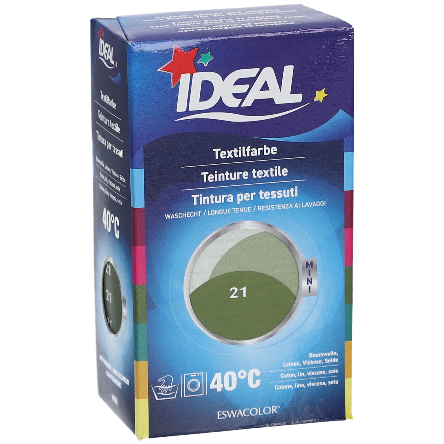 Karton mit IDEAL Textilfarbe. Aufdrucke: Textilfarbe, Mini, Farbe 21 Khaki, 40°C. Enthält Baumwolle, Leinen, Viskose, Seide.