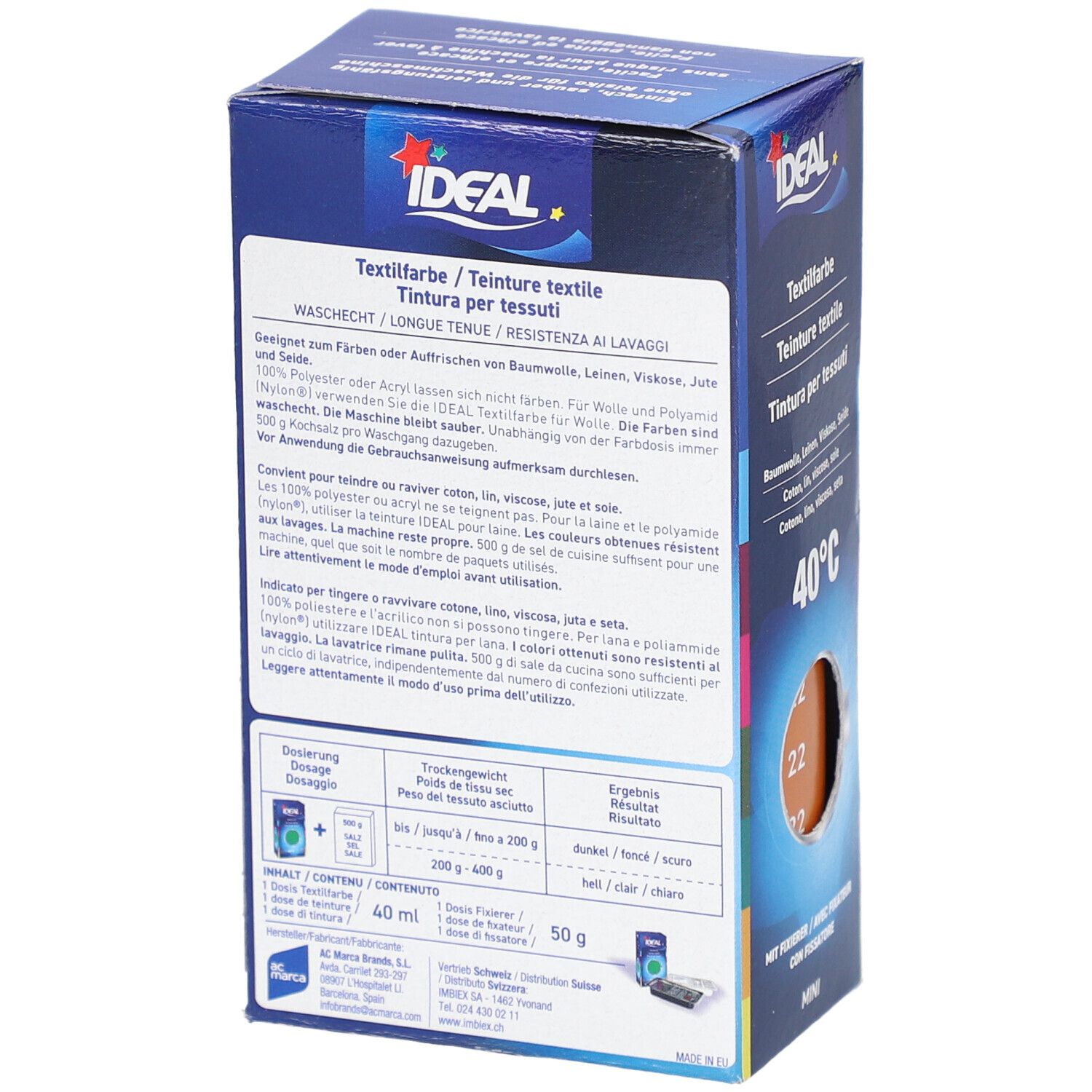 Rückseite der Textilfarben-Verpackung. Aufschrift: IDEAL, Textilfarbe. Text in Deutsch, Französisch, Italienisch. Waschsymbole, Inhalt.
