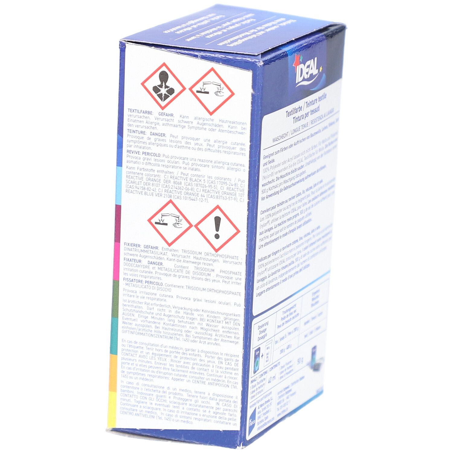 Seite der Textilfarben-Verpackung. Warnhinweise und Piktogramme. Aufschrift: IDEAL, Textilfarbe. Farbkreis.